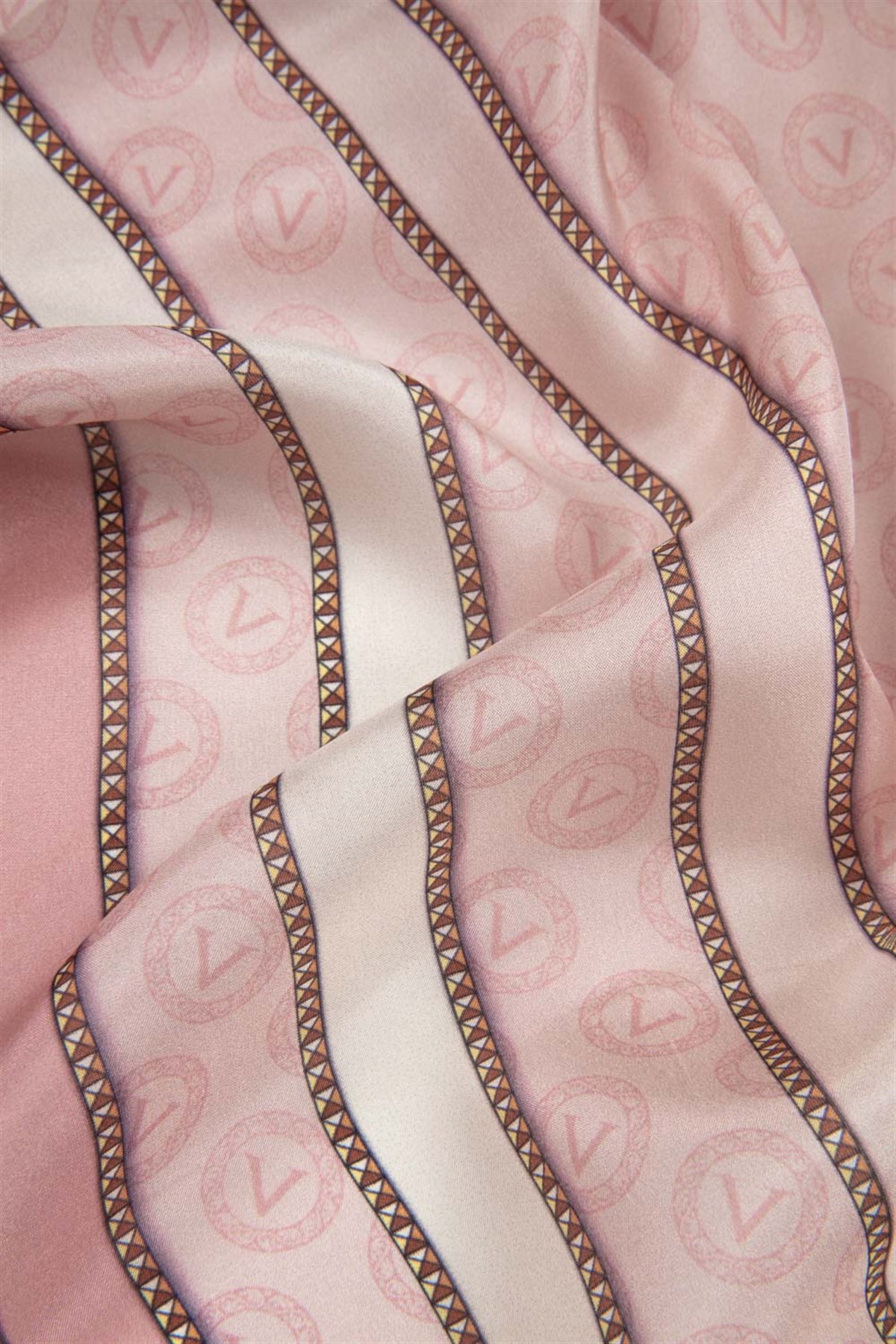 %100 İpek Monogram Desenli Pudra - Krem Renkli 92x210 Şal