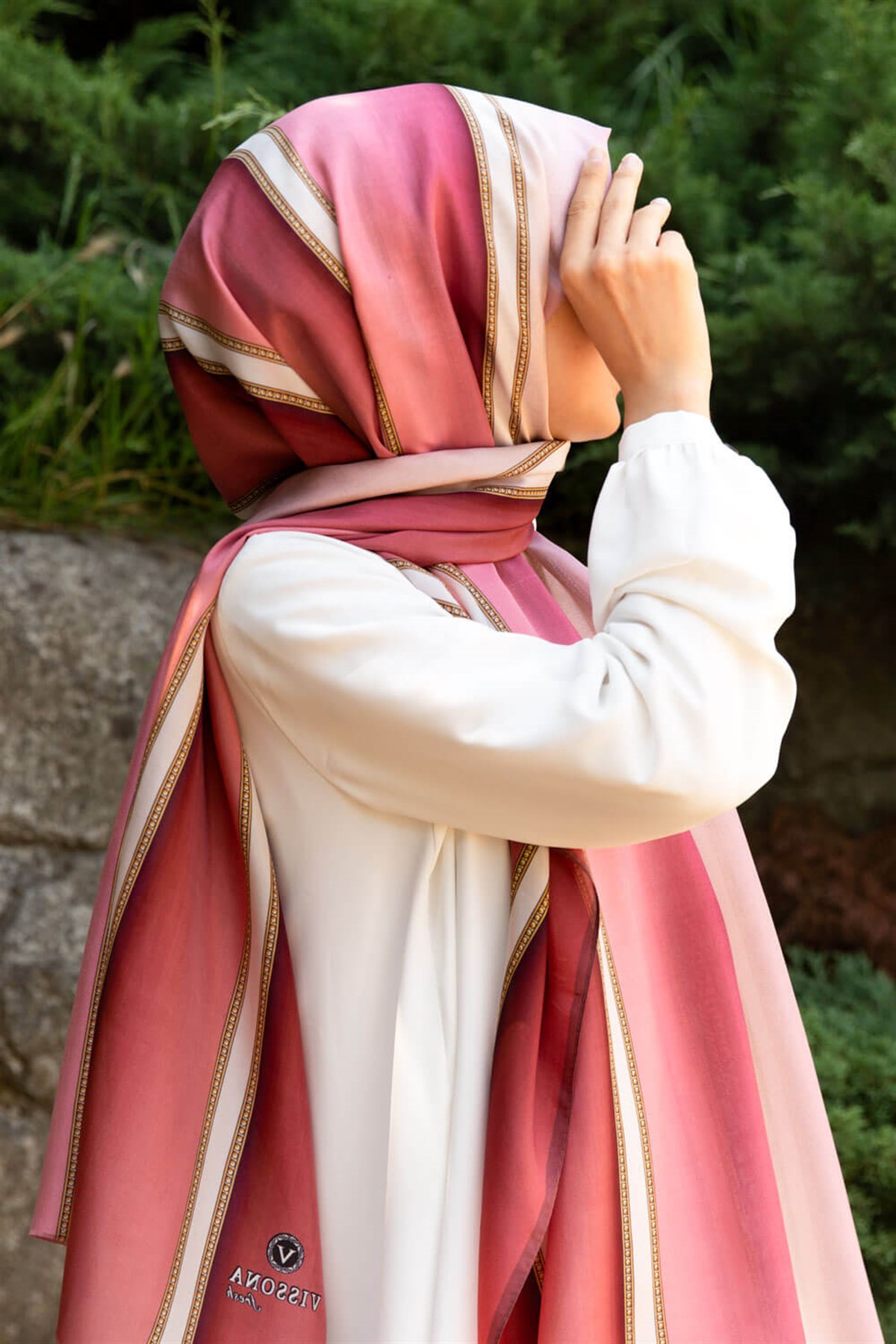 %100 İpek Şerit Desenli Gül Kurusu - Pudra Renkli 92x210 Şal