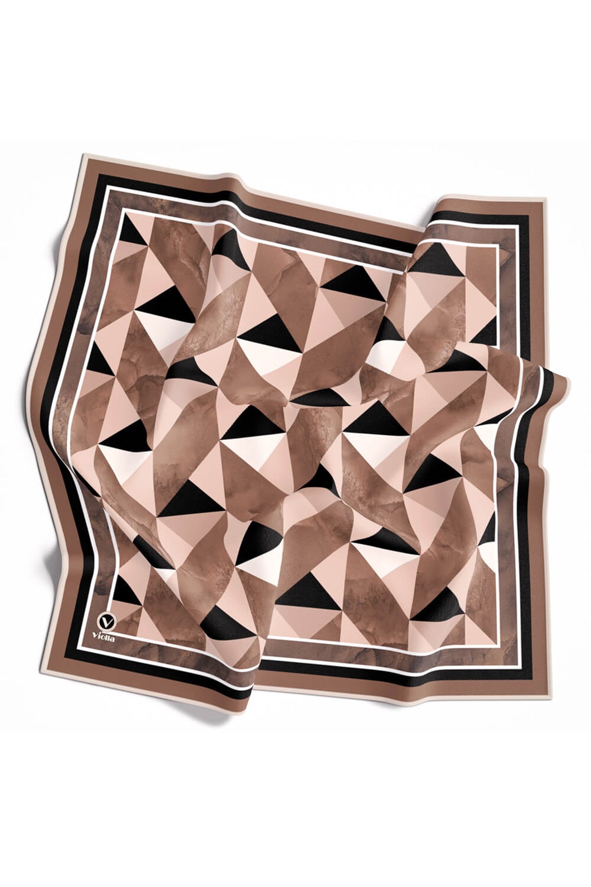 Twill Geometrik Desenli Vizon Renkli 90x90 Eşarp (İpek İçermez) Kenar Dikiş Şekli El Dikişli