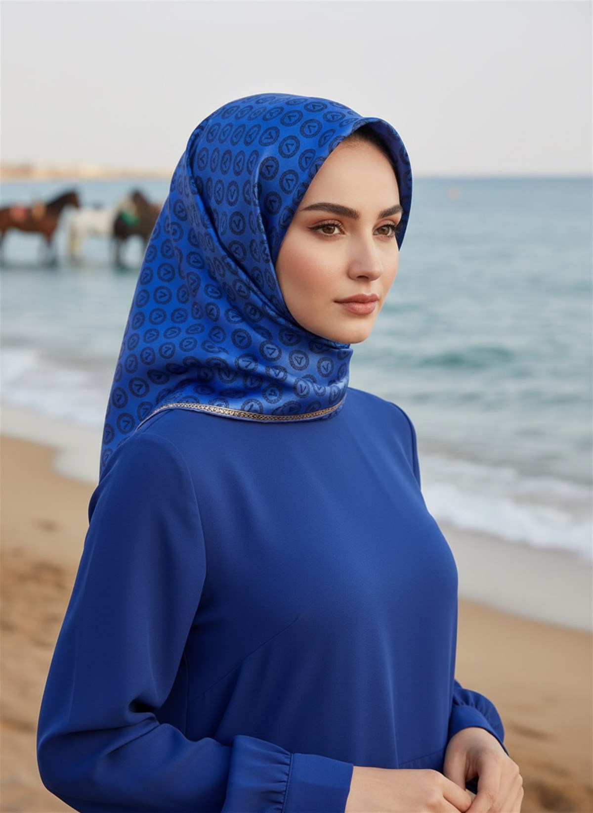 %100 Twill İpek Monogram Desenli Saks Renkli 90x90 Eşarp Dikim Şekli : El Dikişi