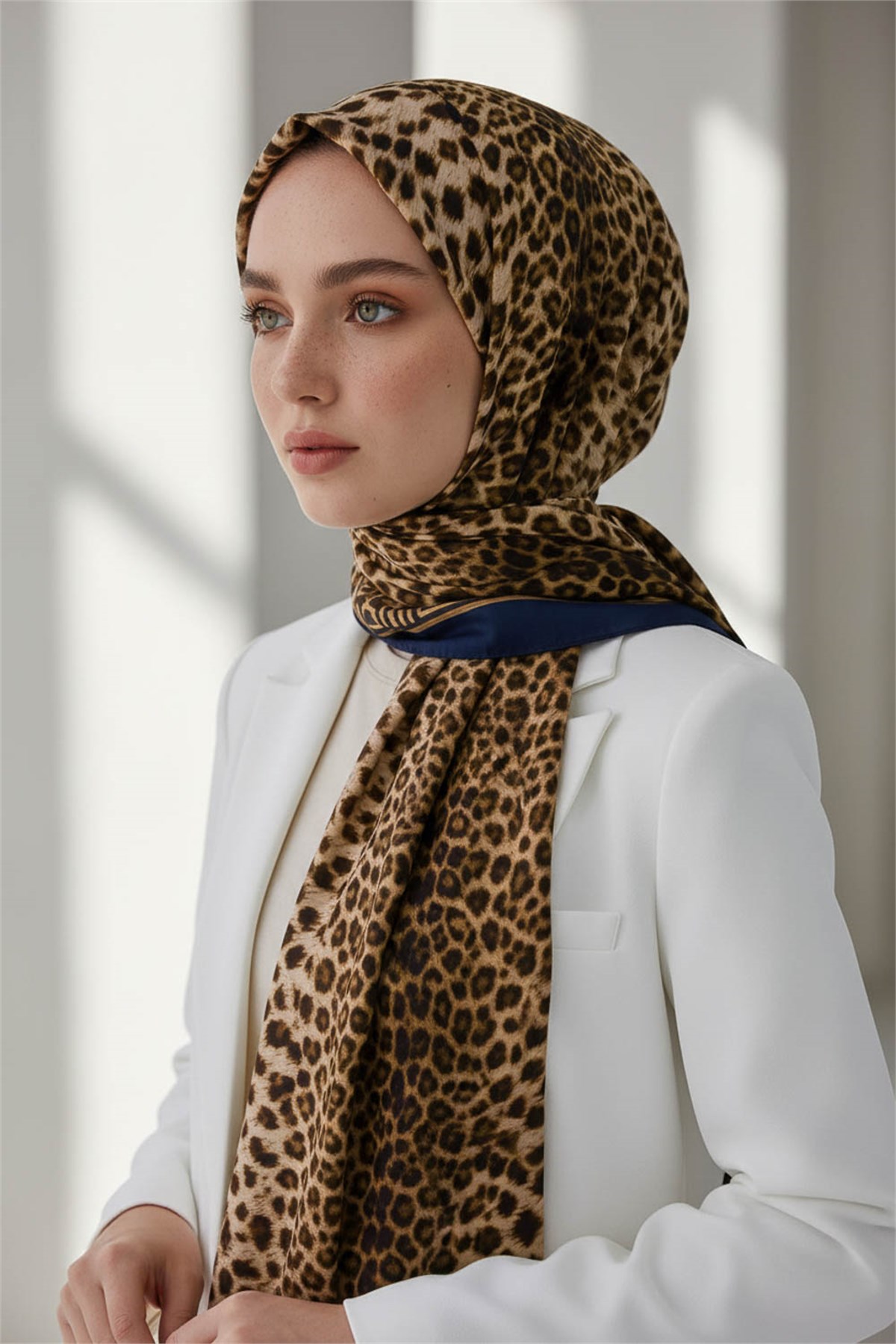 KREP BAROK BARDÜRLÜ LEOPAR DESENLİ HARDAL - LACİVERT RENKLİ 75X195 KIRIŞMAZ ŞAL