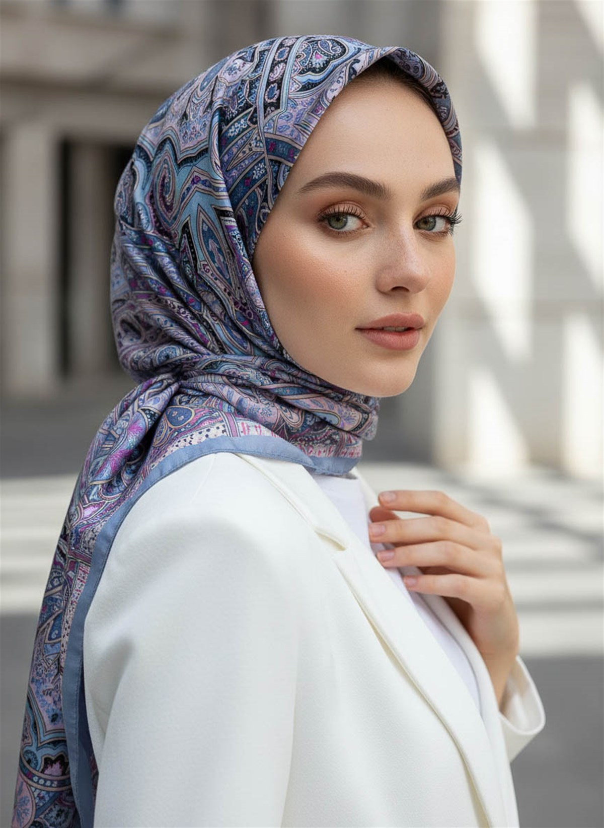 %100 Saf İpek Şal İnce Saten Vual Dokuma Etnik Desenli İndigo Renkli 90x210 Şal