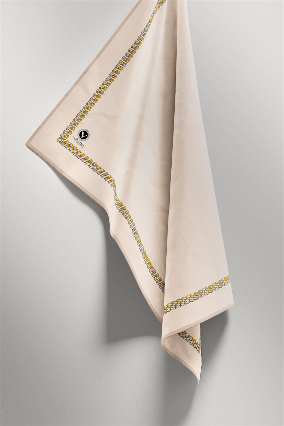 Kristal Kenar Motif Zincir Desenli Krem Renkli 90x90 Eşarp (İpek İçermez) Kenar Dikiş Şekli El Dikişli