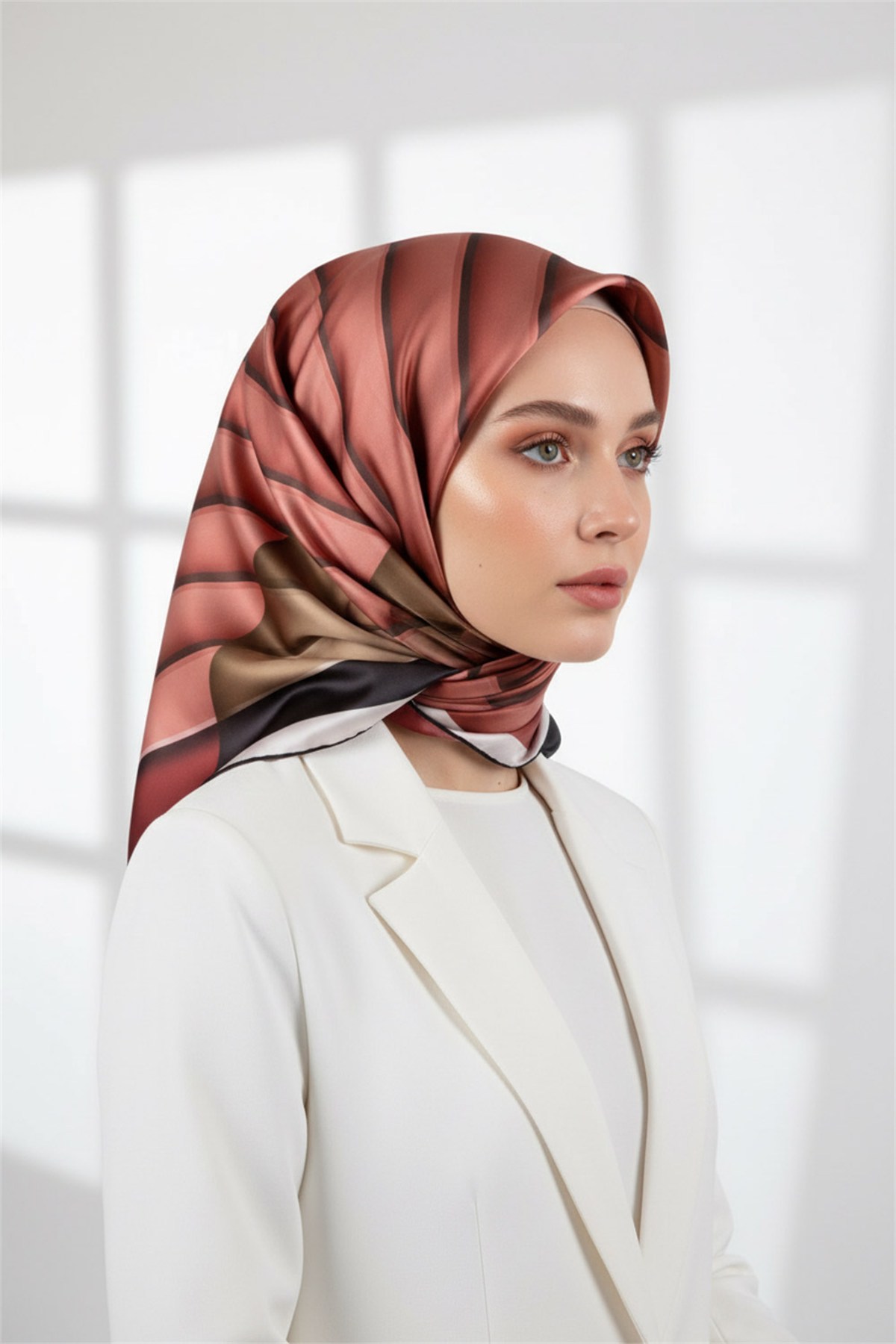 Rayon Zikzak Çizgi Desenli Gül Kurusu Renkli 90x90 Eşarp (İpek İçermez) Dikim Şekli : El Dikişi