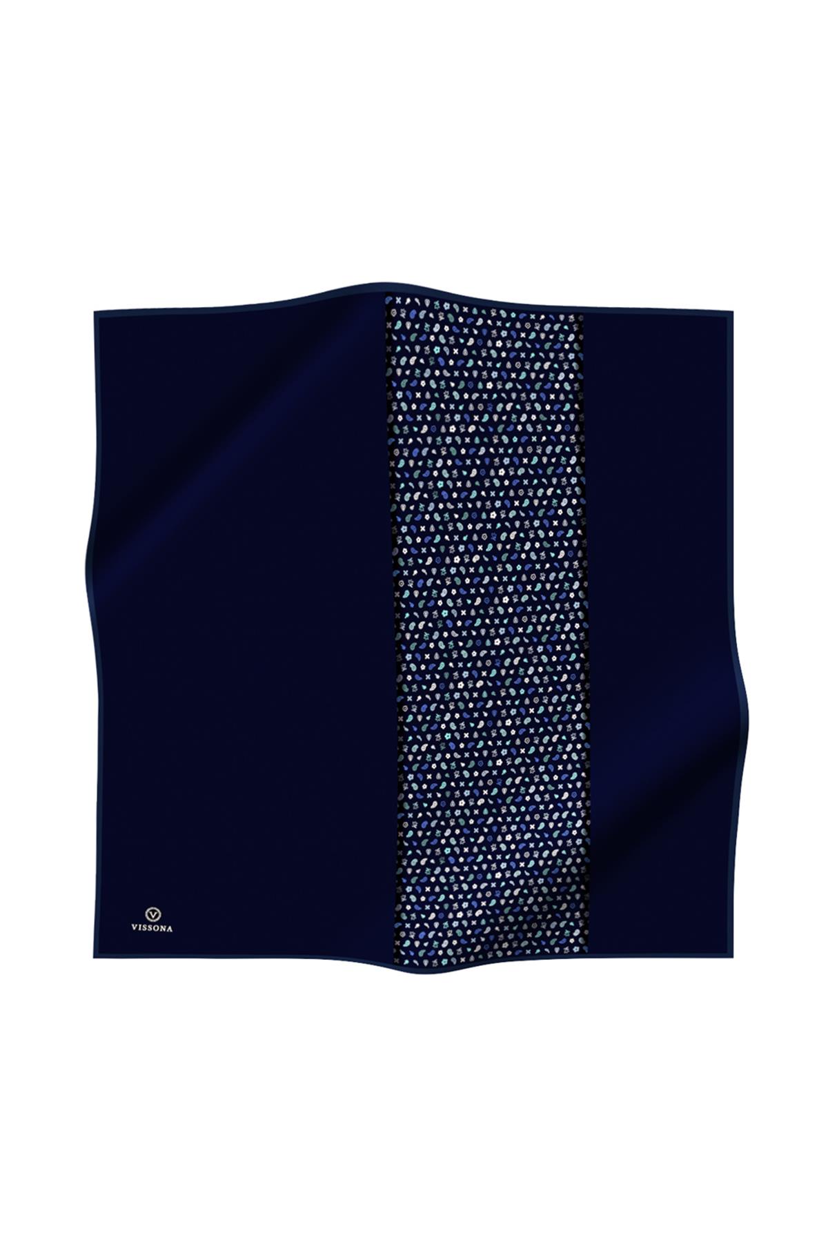 %100 Twill İpek Çıtır Şerit Desenli Lacivert - İndigo Renkli 90x90 Eşarp Dikim Şekli : El Dikişi