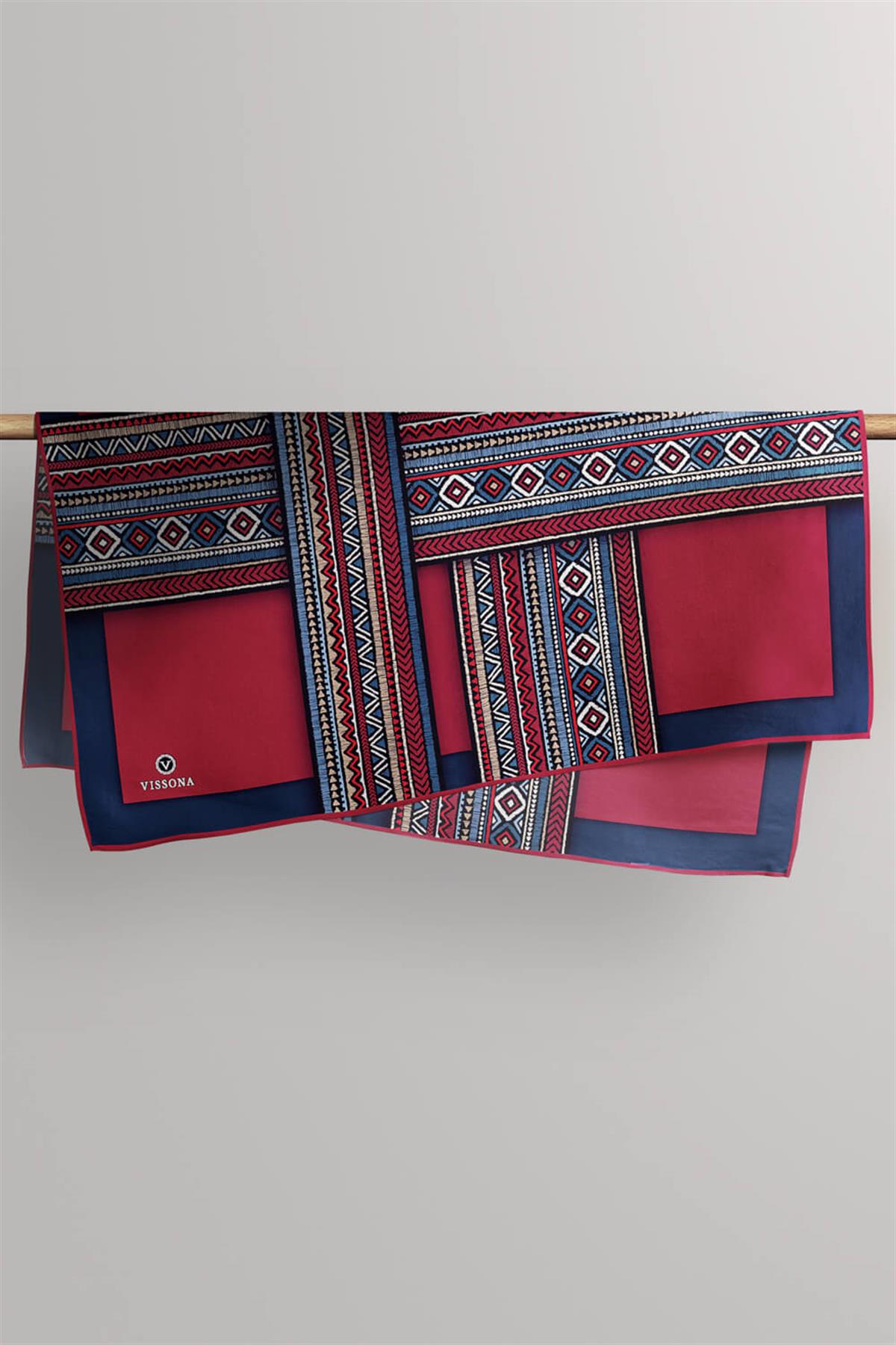 %100 Twill İpek Etnik Desenli Lacivert - Bordo  Renkli 90x90 Eşarp Dikim Şekli : El Dikişi