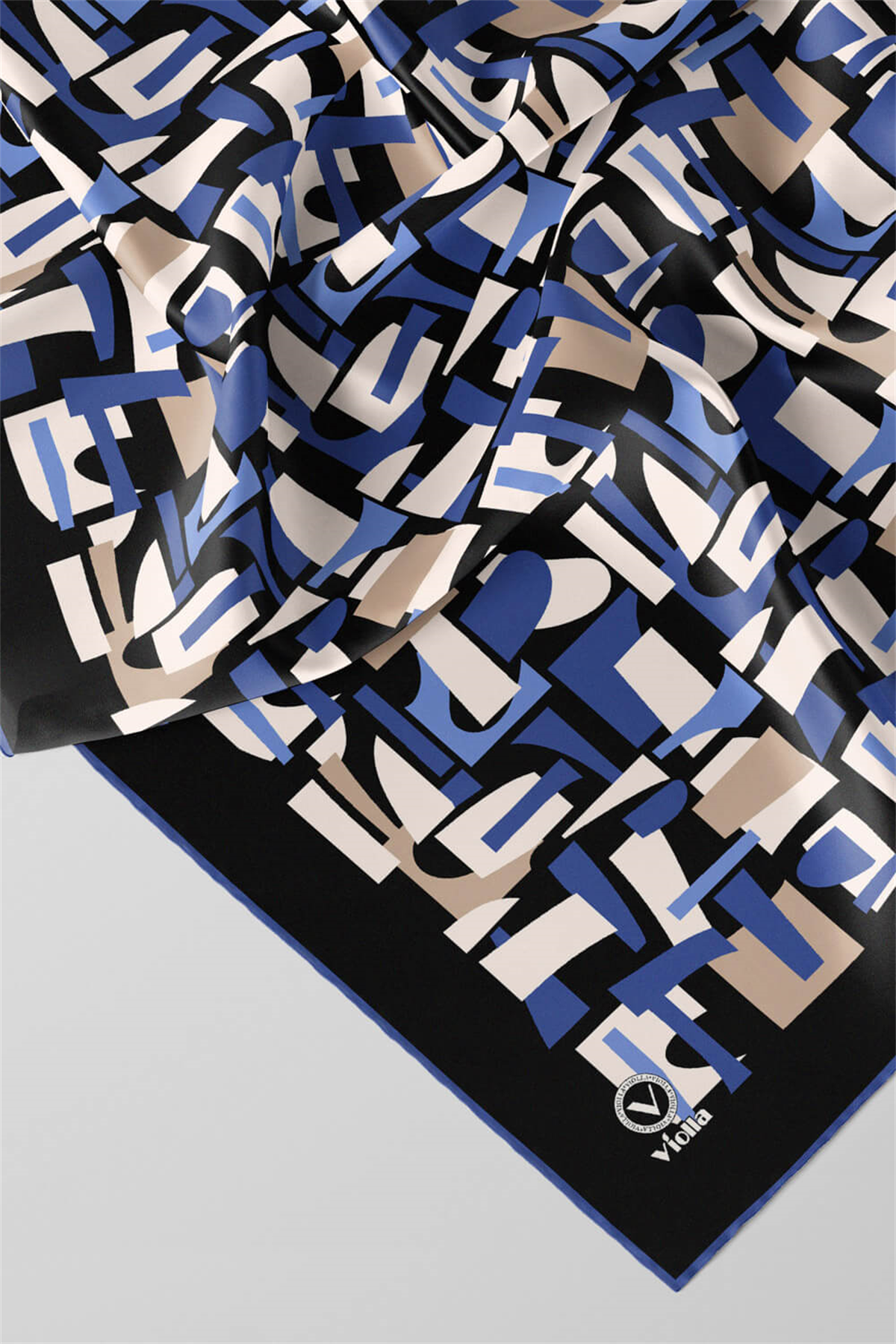 Twill Geometrik Desenli İndigo - Bej Renkli 90x90 Eşarp (İpek İçermez) Dikim Şekli : El Dikişi
