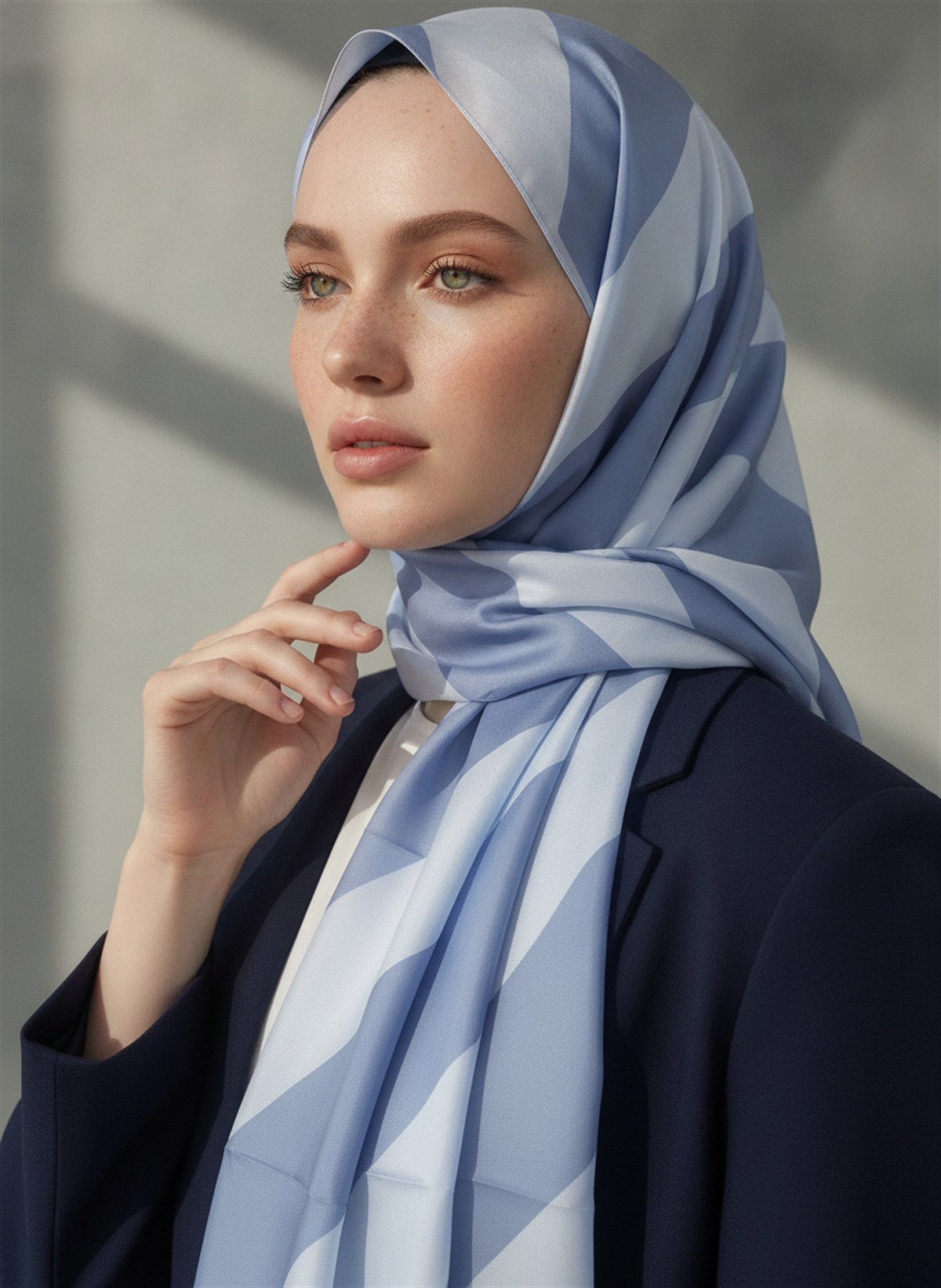 %100 Saf İpek Şal İnce Saten Vual Dokuma Çizgili Desenli Bebe Mavisi - Buz Mavisi Renkli 90x210 Şal