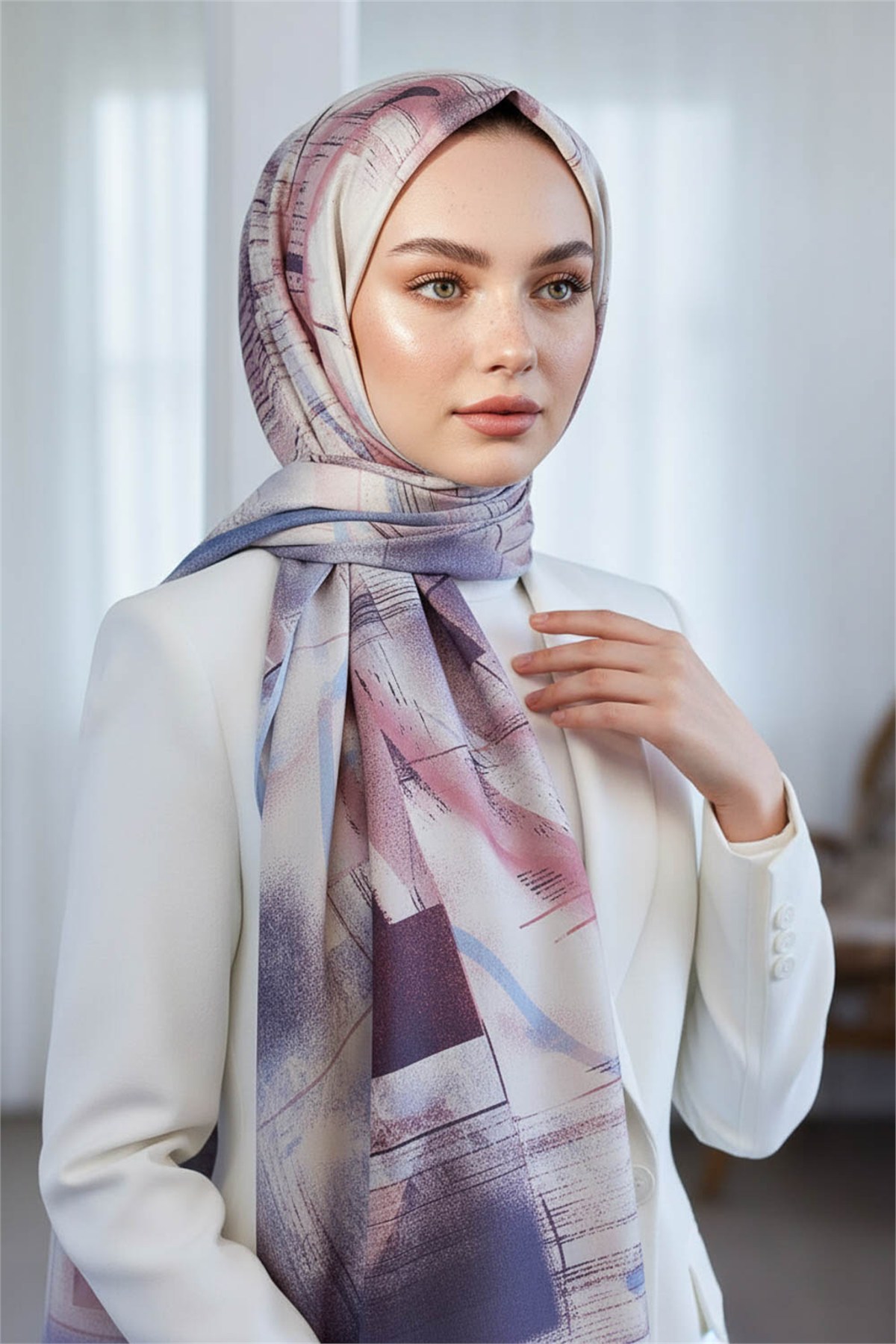 KREP GEOMETRİK DESENLİ BEBE MAVİSİ RENKLİ 75X195 KIRIŞMAZ ŞAL