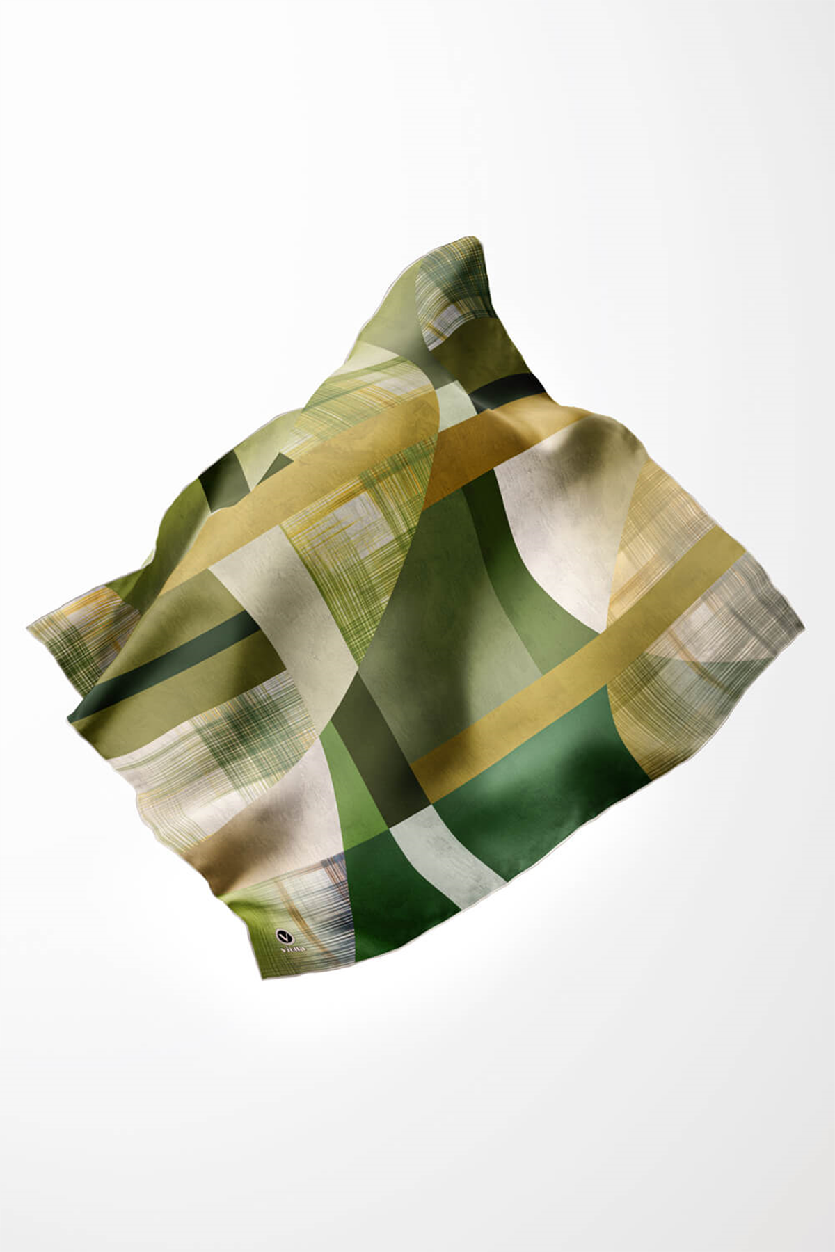 Twill Geometrik Desenli Haki Renkli 90x90 Eşarp (İpek İçermez) Kenar Dikiş Şekli El Dikişli