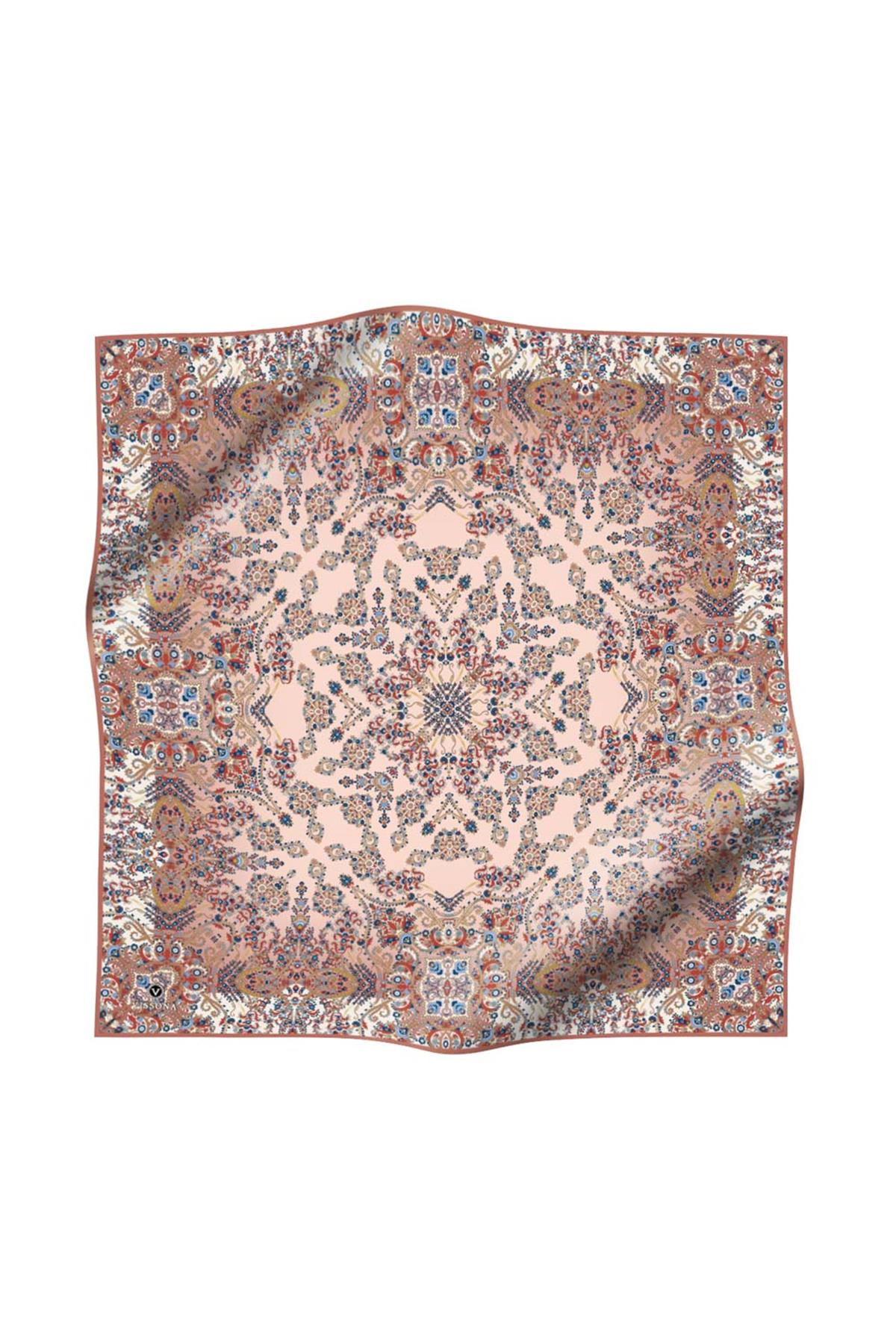 %100 Twill İpek Şal Desenli Bakır Renkli 90x90 Eşarp Dikim Şekli : El Dikişi