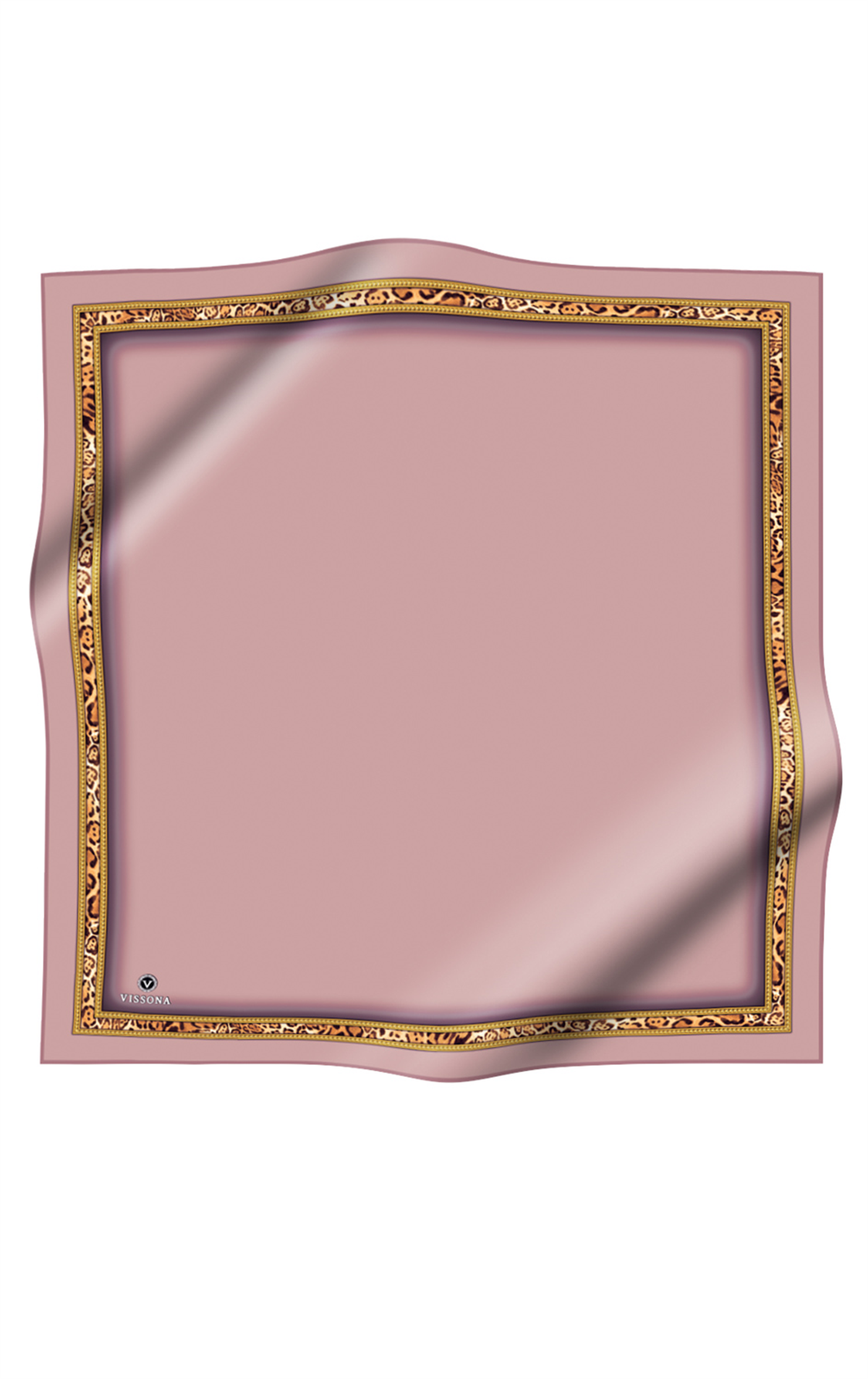 %100 Twill İpek Bordürü Leoparlı Düz Desenli Pudra - Gold Renkli 90x90 Eşarp Dikim Şekli : El Dikişi