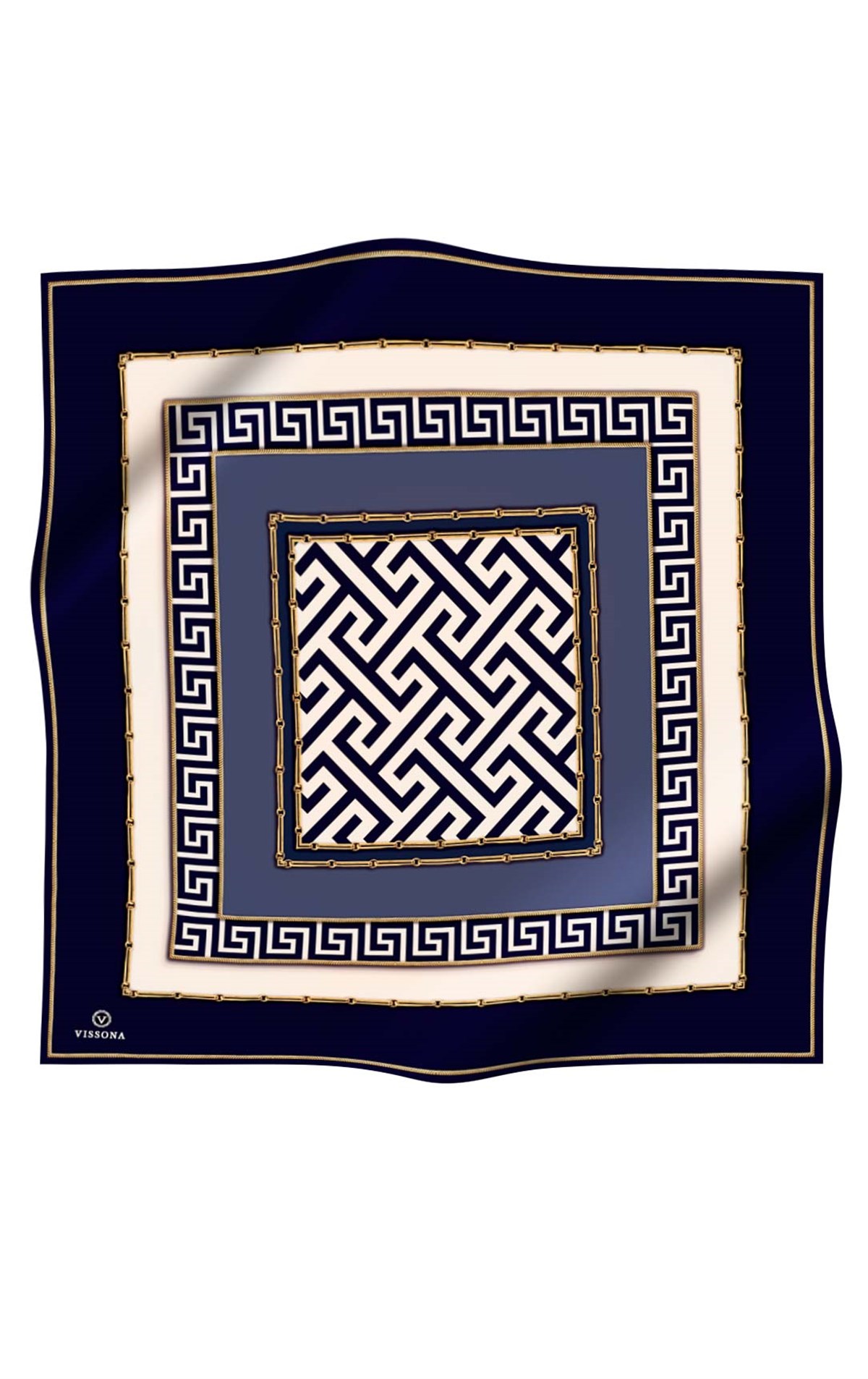%100 Twill İpek Labirent Ve Geometrik Desenli Lacivert - İndigo Renkli 90x90 Eşarp Dikim Şekli : El Dikişi