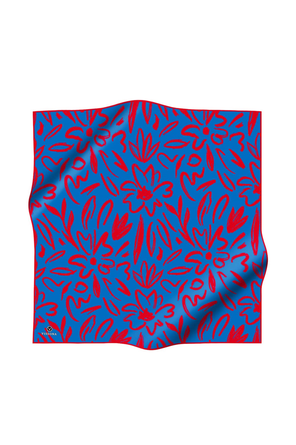 %100 Twill İpek Büyük Çiçek Desenli Saks - Kırmızı Renkli 90x90 Eşarp Dikim Şekli : El Dikişi