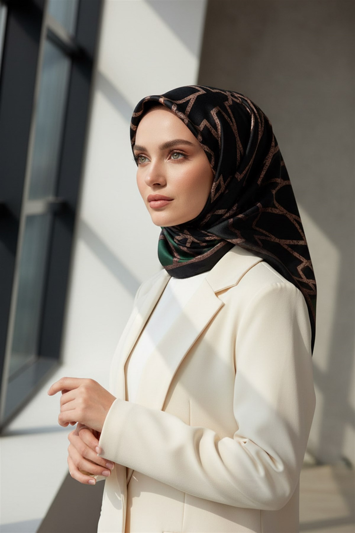%100 Twill Türk Motifi  Desenli Zümrüt Yeşili Renkli 90x90 Eşarp Dikim Şekli: El Dikişi