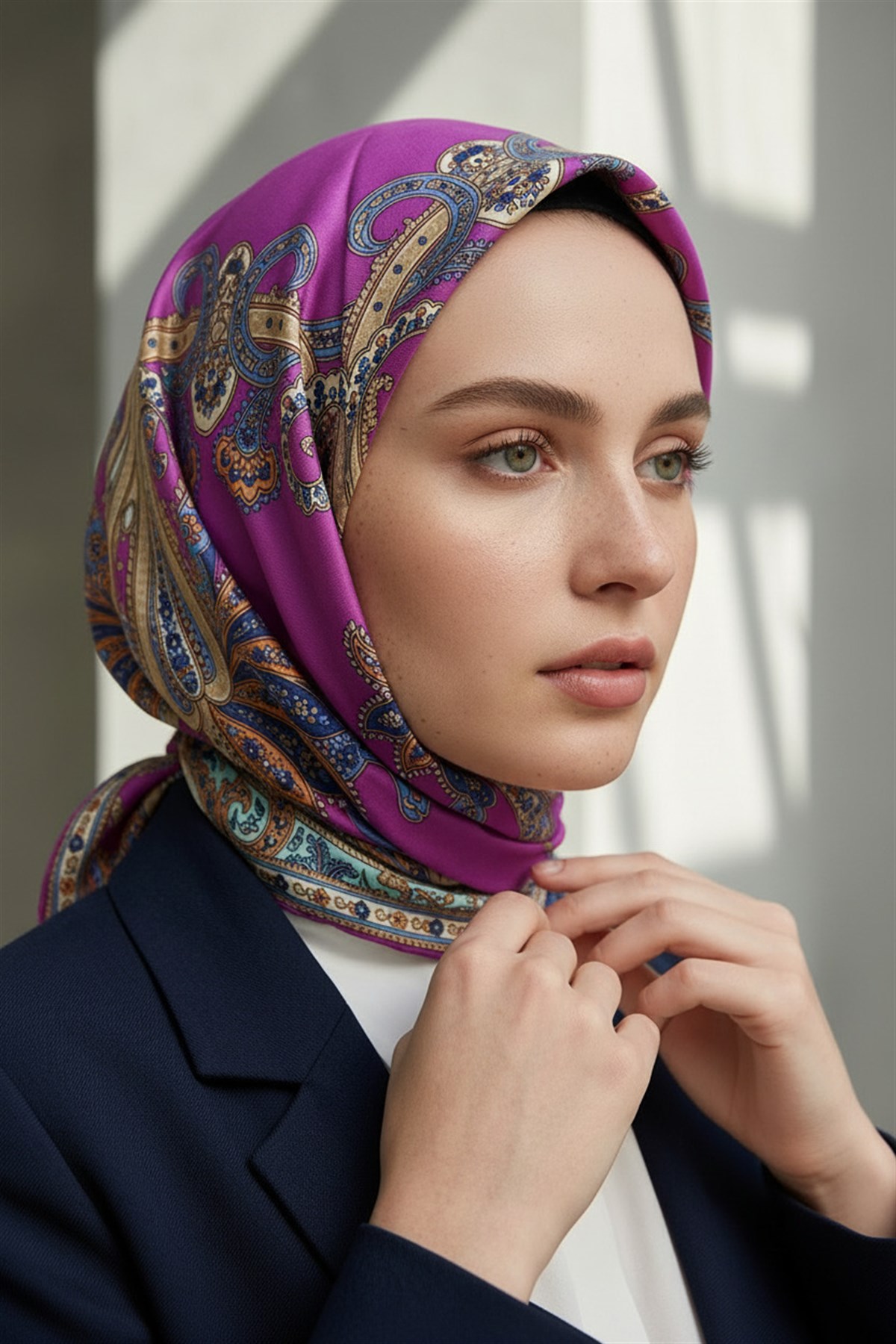 %100 Twill İpek Şal Desenli Fuşya Renkli 90x90 Eşarp Dikim Şekli : El Dikişi