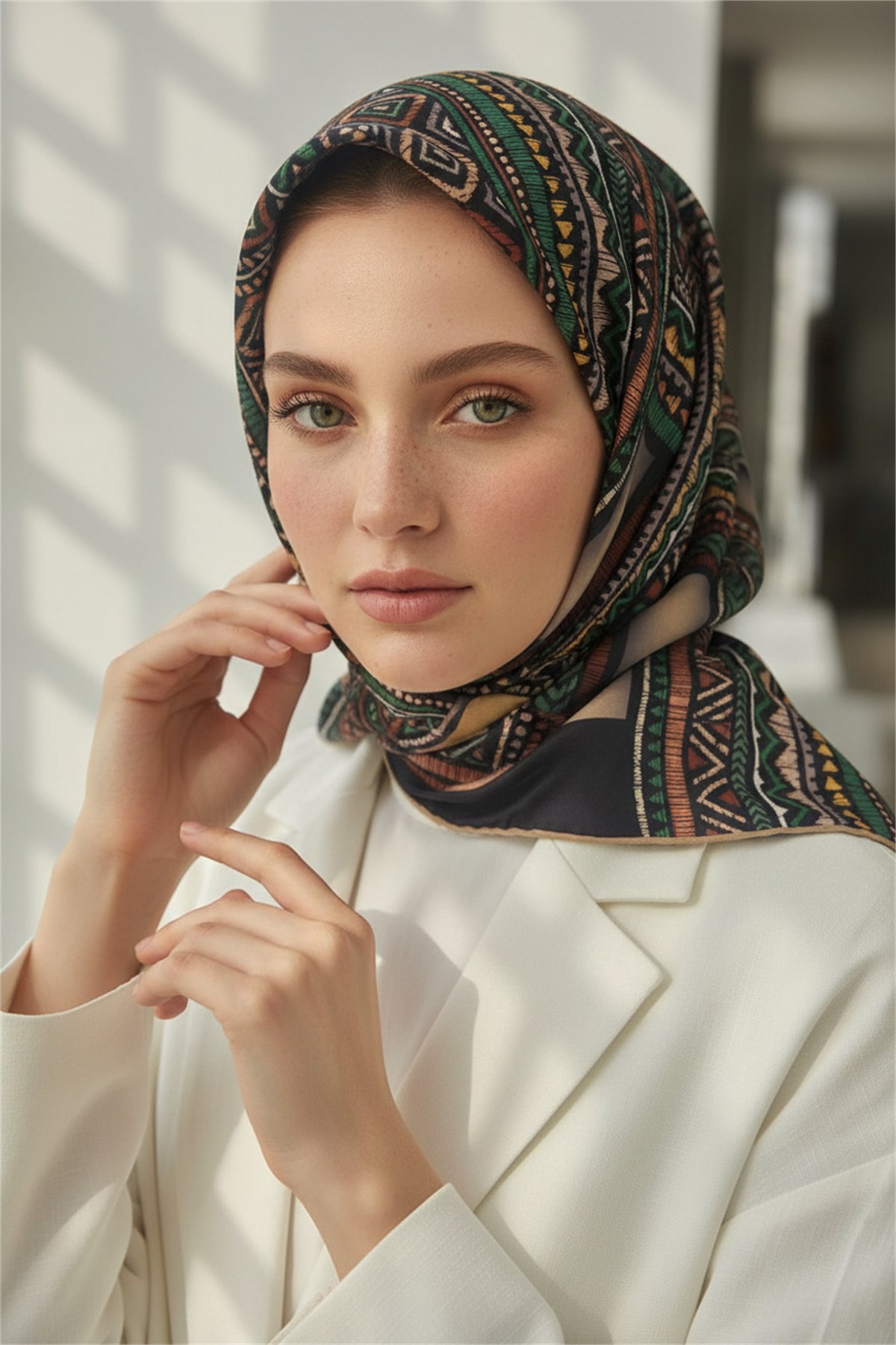 %100 Twill İpek Eşarp 90x90 Bej Zümrüt Yeşili Etnik Desenli El Dikişli Kadın Eşarp