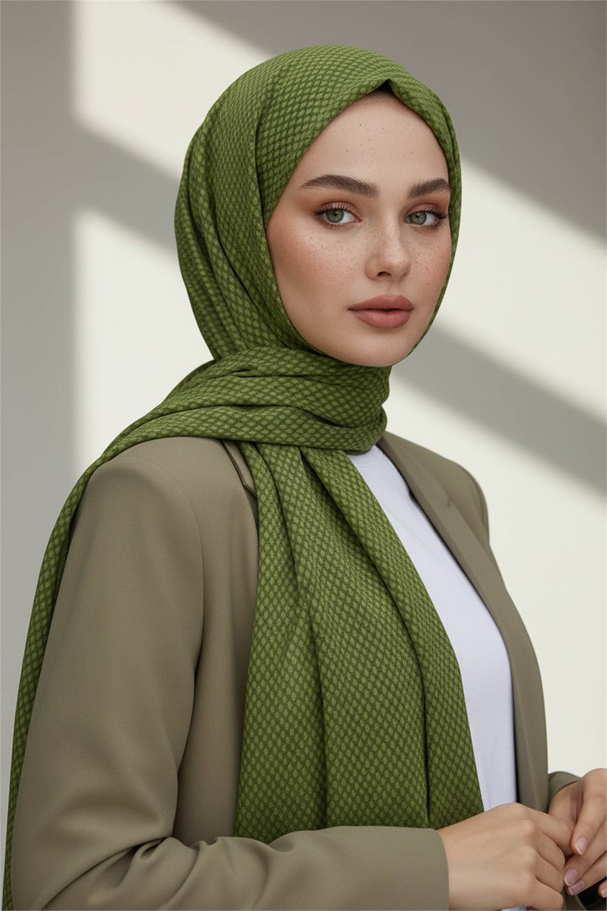 KREP HASIR DESENLİ HAKİ RENKLİ 75X195 KIRIŞMAZ ŞAL
