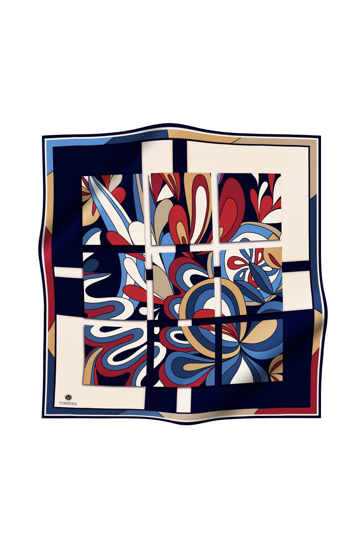 % 57 İPEK % 43 VİSKON Twill İpek Geometrik Desenli Lacivert - Bordo Renkli 90x90 Dikim Şekli : El Dikişi Eşarp