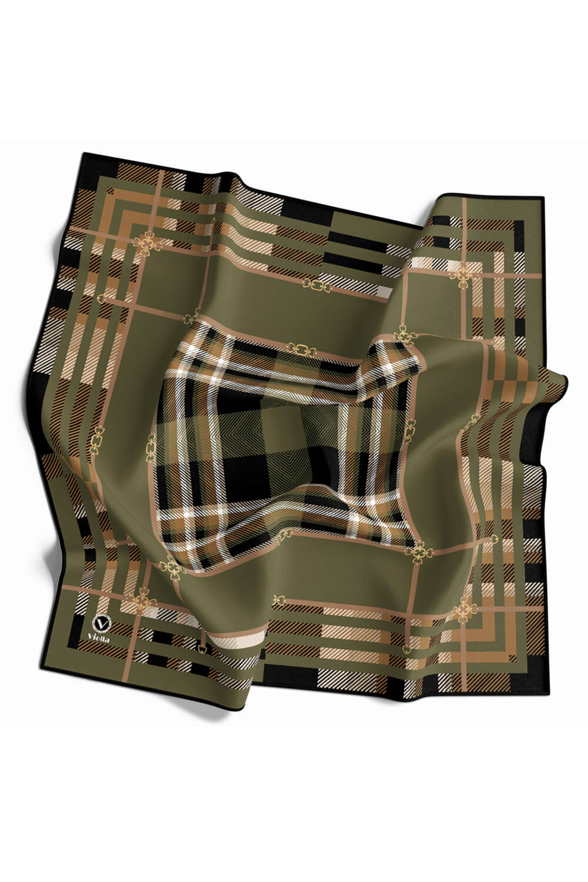 Twill Kemerli ve Ekose Desenli Haki Yeşili Renkli 90x90 Eşarp (İpek İçermez)Kenar Dikiş Şekli El Dikişli