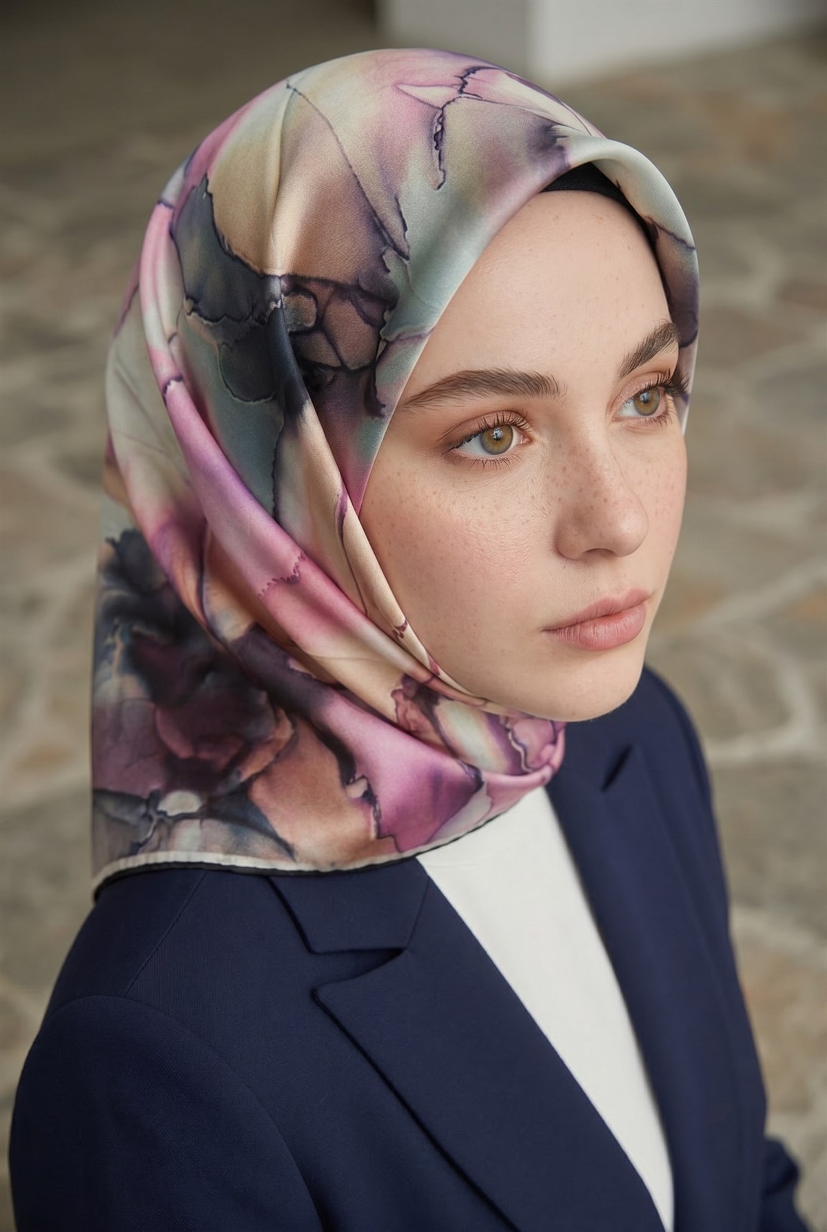 % 57 İPEK % 43 VİSKON Twill İpek Batik Çiçek Desenli Somon - Lila Renkli 90x90 Eşarp Kenar Dikiş Şekli El Dikişli
