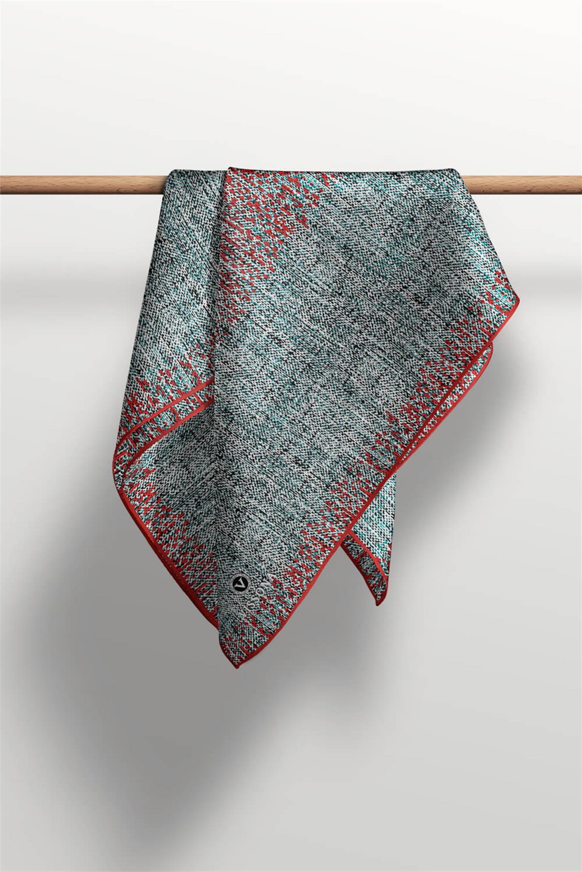 %100 Twill İpek Dokulu Desen Petrol Mavisi - Kırmızı Renkli 90x90 Eşarp Kenar Dikiş Şekli El Dikişli