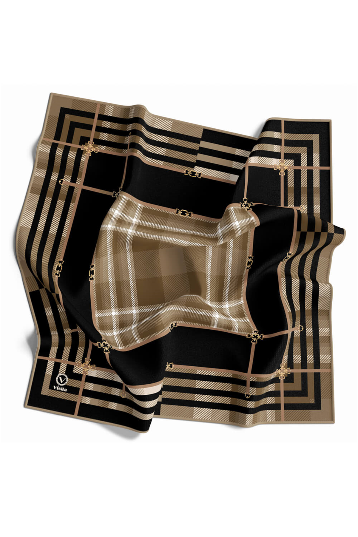 Twill Kemerli ve Ekose Desenli Siyah Renkli 90x90 Eşarp (İpek İçermez)Kenar Dikiş Şekli El Dikişli