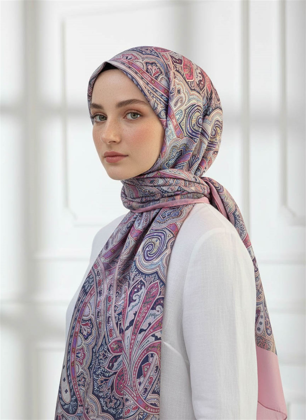 %100 Saf İpek Şal İnce Saten Vual Dokuma Etnik Desenli Pembe Renkli 90x210 Şal