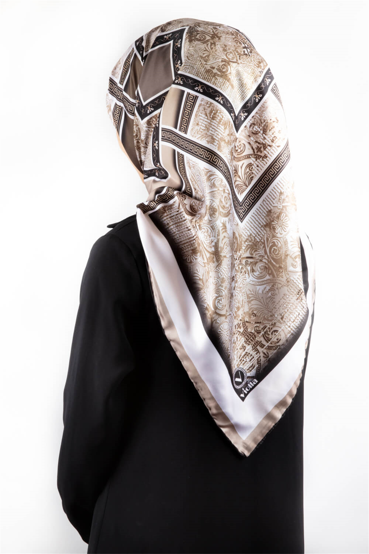 Twill Geometrik Desenli Bej Renkli 90x90 Eşarp (İpek İçermez) Kenar Dikiş Şekli El Dikişli