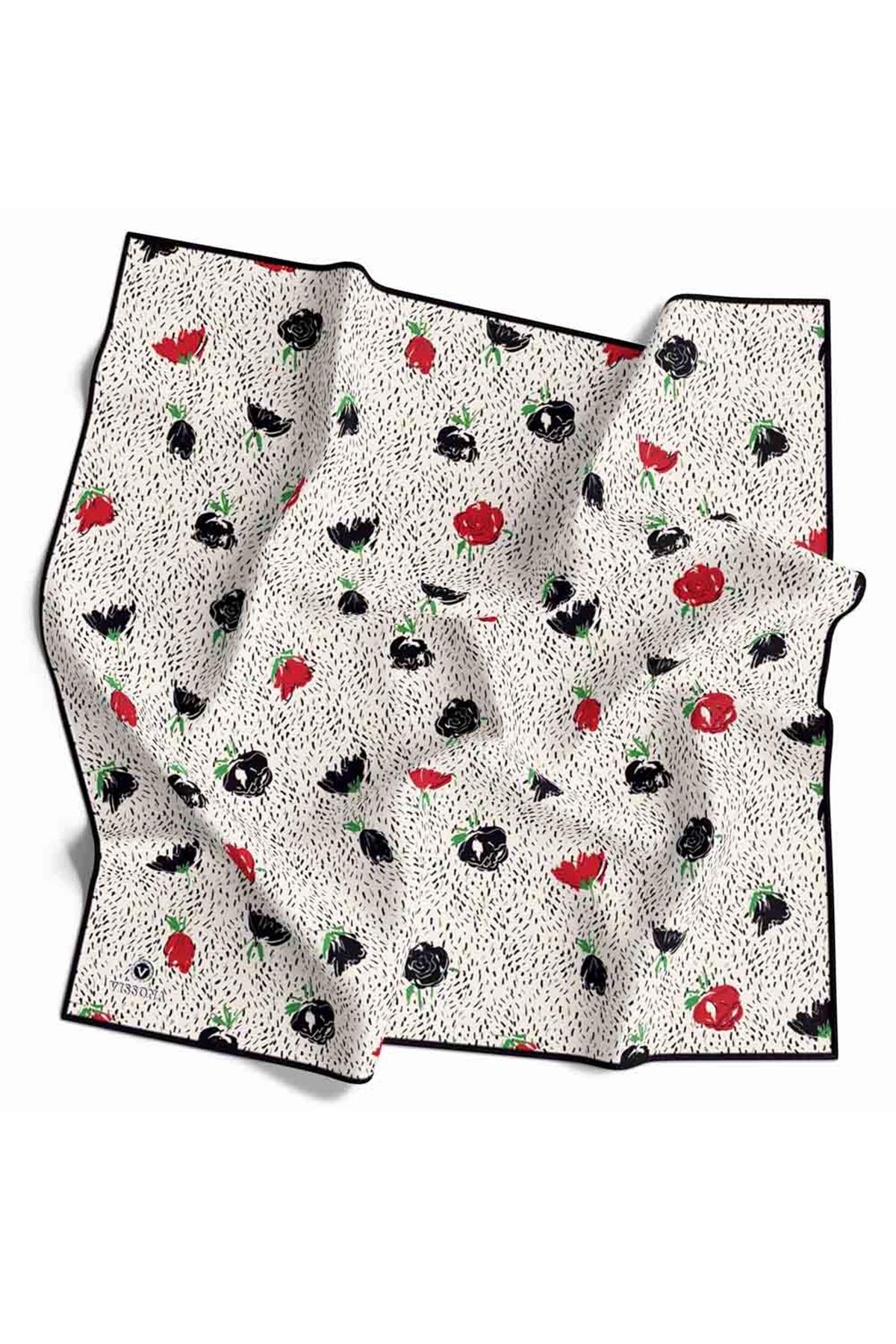 %100 Twill İpek Çıtır Çiçek Desenli Kırmızı - Krem Renkli 90x90 Eşarp Dikim Şekli : El Dikişi