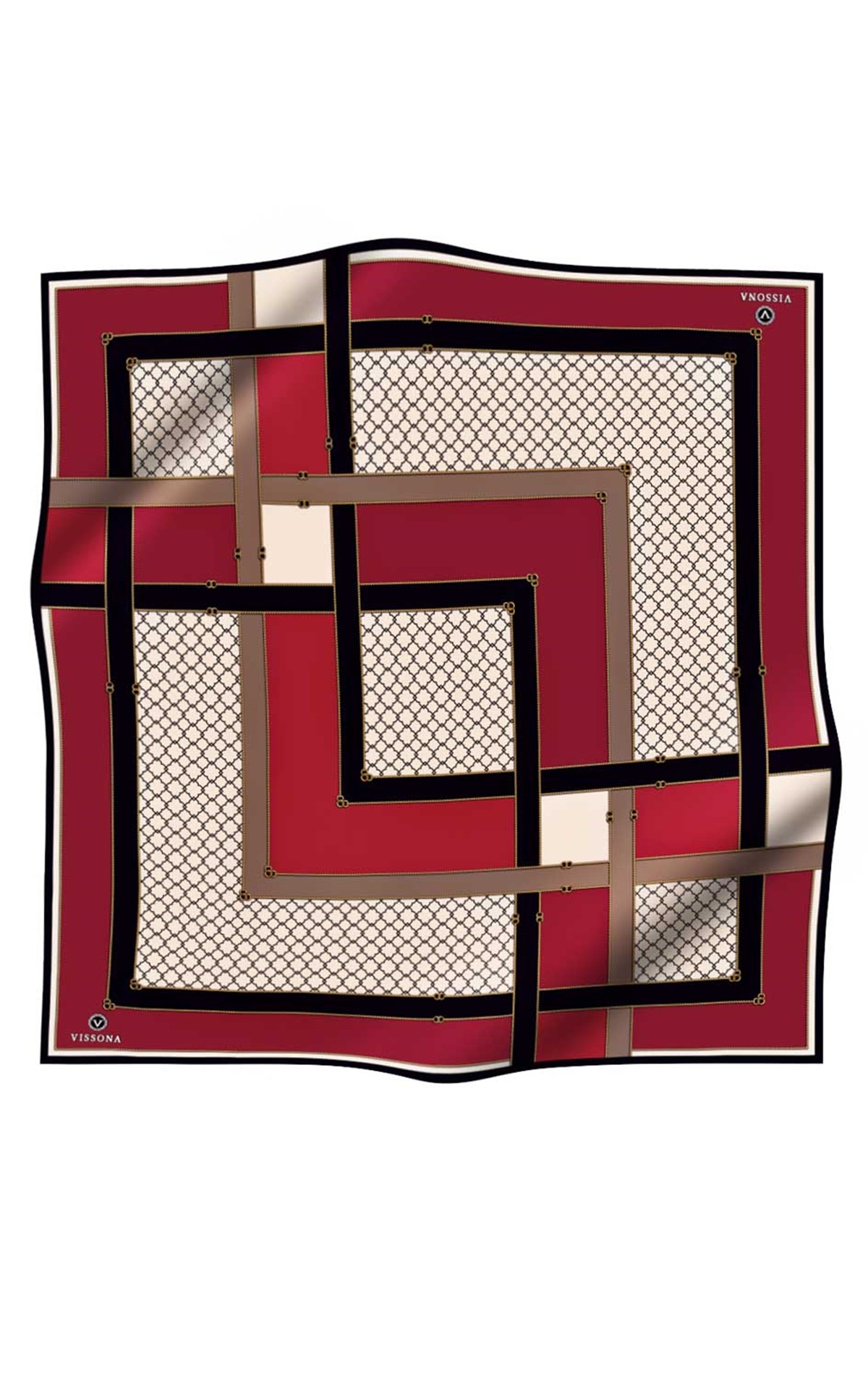 %100 Twill İpek Geometrik Desenli Bordo - Siyah Renkli 90x90 Eşarp Dikim Şekli : El Dikişi