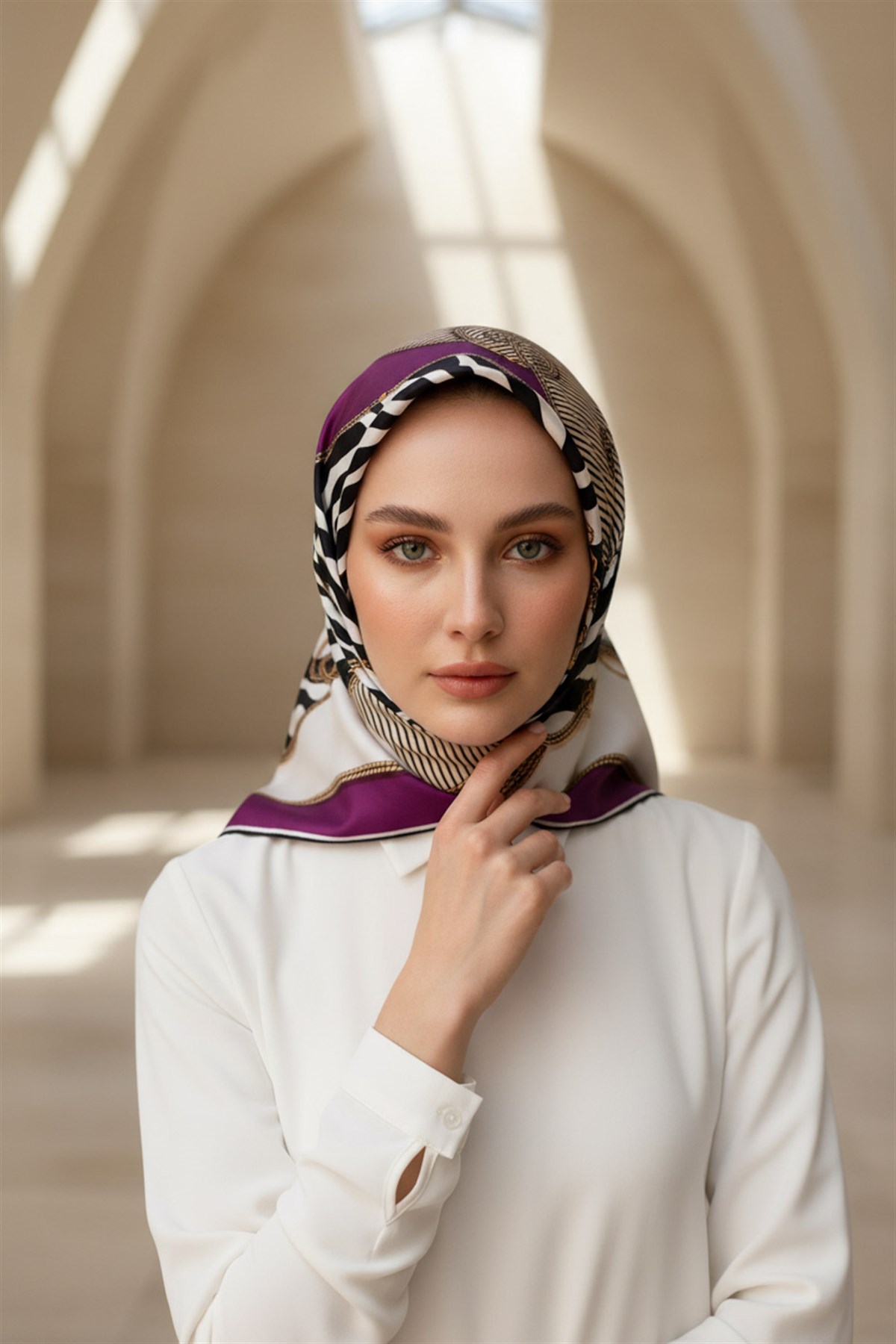 %100 Twill İpek Zincirli Ve Zebra Desenli Mürdüm - Bej Renkli 90x90 Eşarp Dikim Şekli : El Dikişi
