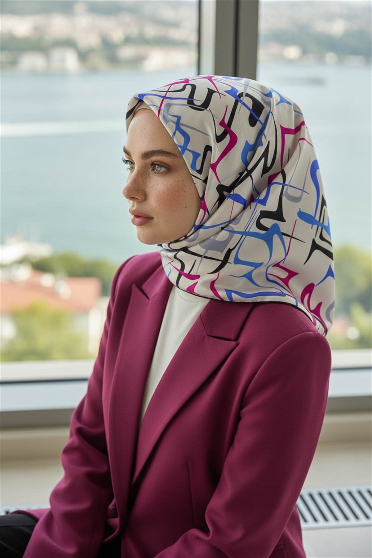% 57 İPEK % 43 VİSKON Twill İpek Soyut Geometrik Desenli Fuşya - Saks Renkli 90x90 Eşarp Dikim Şekli : El Dikişi