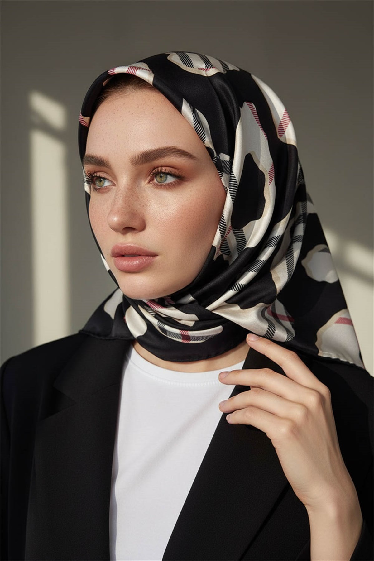 %100 Twill İpek Leopar Desenli Siyah - Krem Renkli 90x90 Eşarp Dikim Şekli : El Dikişi