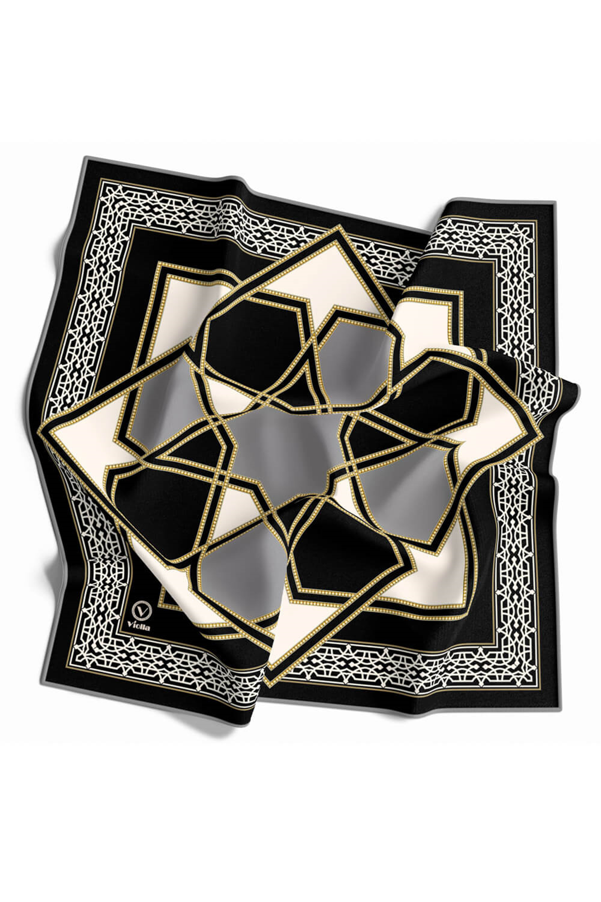 Twill Osmanlı Çini Desenli Gri Renkli 90x90 Eşarp (İpek İçermez)Kenar Dikiş Şekli El Dikişli