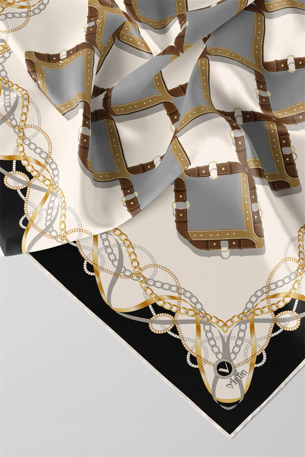 Twill Kemer Ve Zincir Desenli Gri Renkli 90x90 Eşarp (İpek İçermez) Kenar Dikiş Şekli El Dikişli