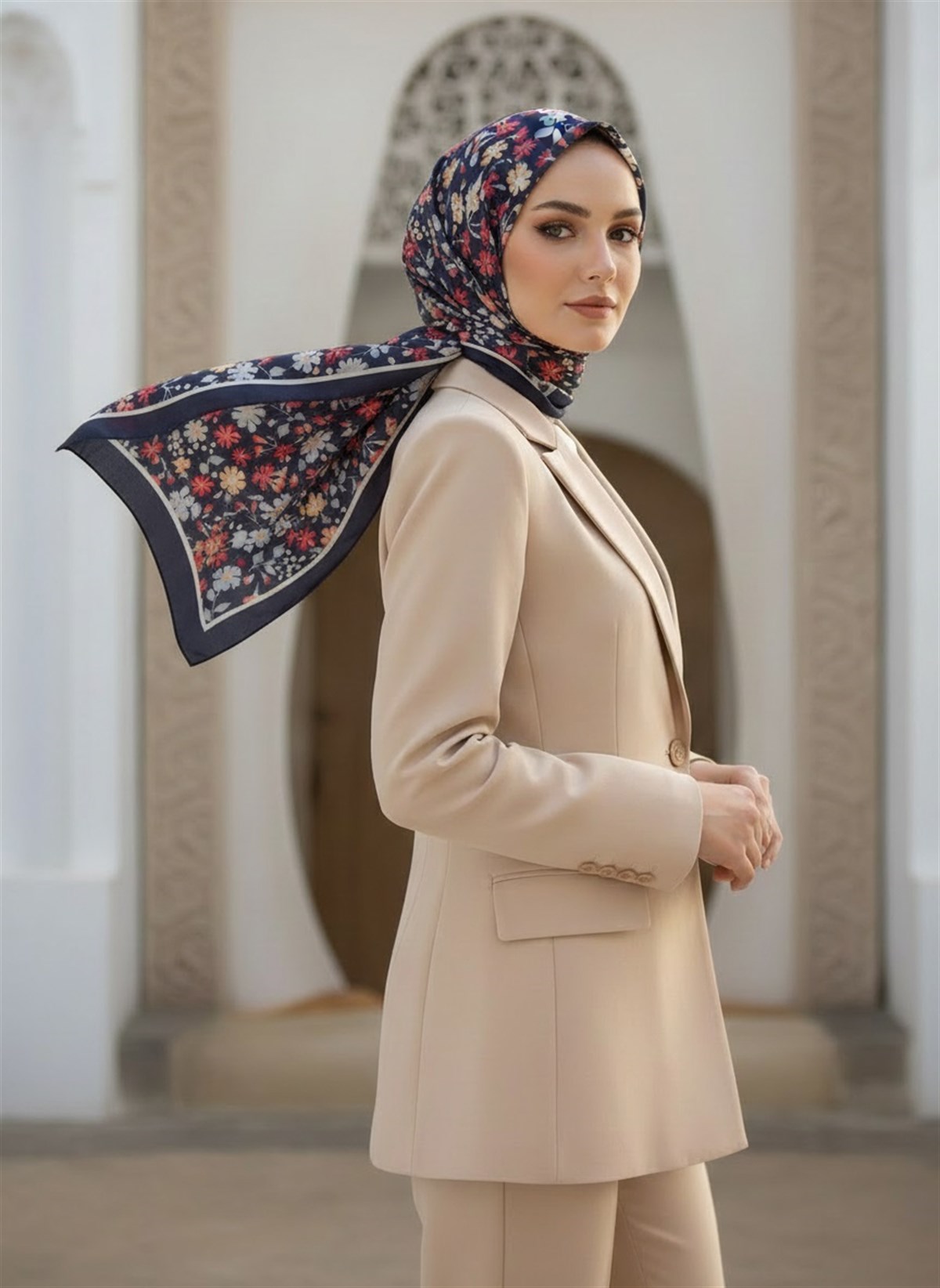 %100 Saf İpek Şal İnce Saten Vual Dokuma Çıtır Çiçek Desenli Lacivert Renkli 90x210 Şal