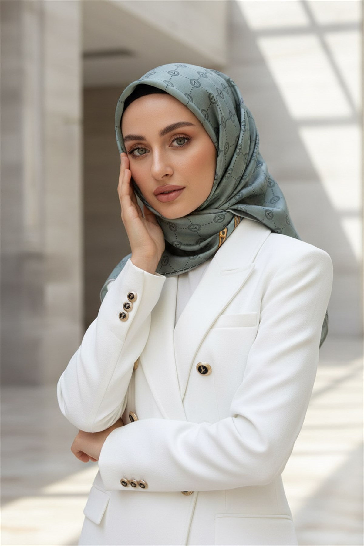 %100 Twill İpek Zincirli Ve Monogram Desenli Mint Yeşili Renkli 90x90 Eşarp Dikim Şekli : El Dikişi