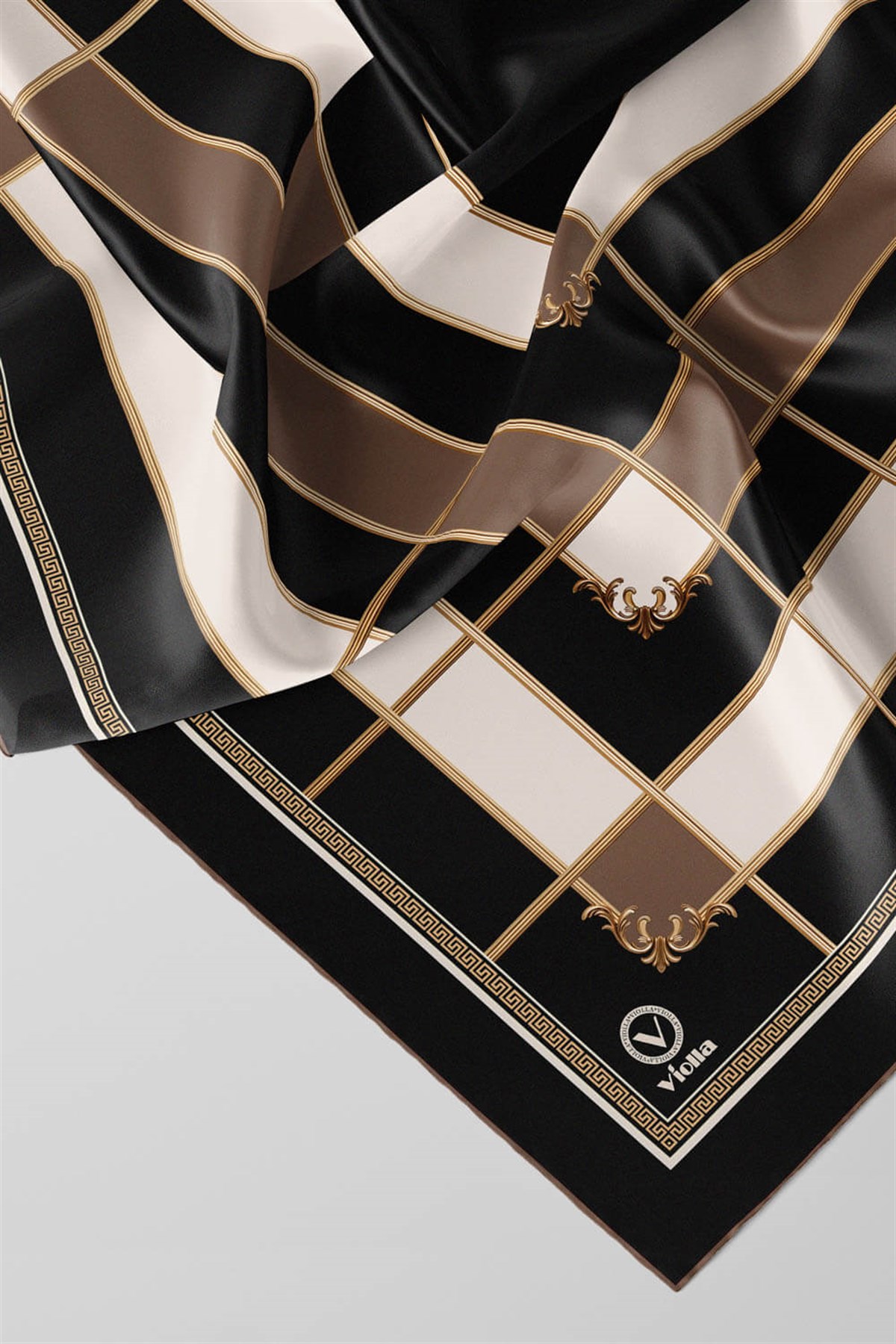 Twill Gold Detaylı Kareli Desenli Vizon Renkli 90x90 Eşarp (İpek İçermez) Kenar Dikiş Şekli El Dikişli
