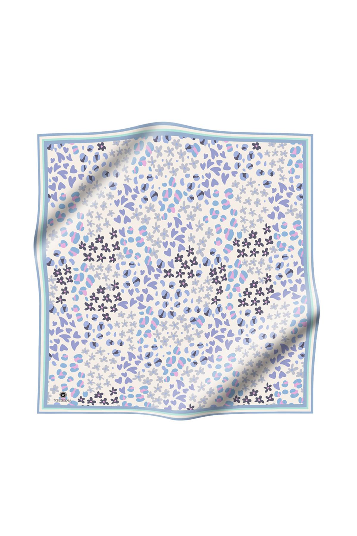 %100 Twill İpek Kalpli Leopar Desenli Buz Mavisi - Gri Renkli 90x90 Eşarp Dikim Şekli : El Dikişi