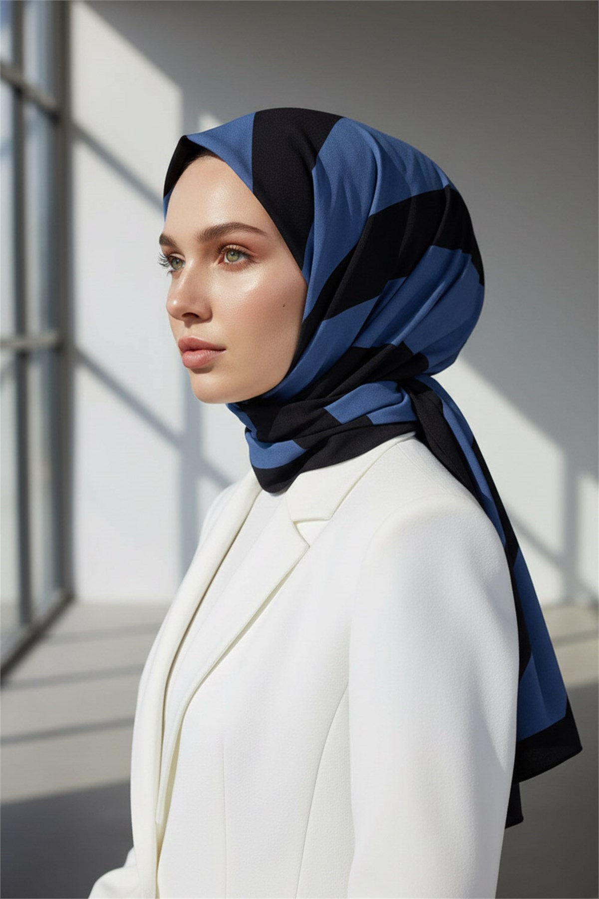 KREP ÇİZGİLİ DESENLİ İNDİGO - SİYAH RENKLİ 75X195 KIRIŞMAZ ŞAL