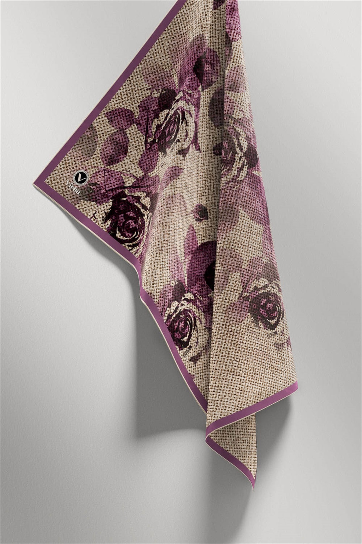 Twill Gül Desenli Mürdüm Renkli 90x90 Eşarp (İpek İçermez) Kenar Dikiş Şekli El Dikişli