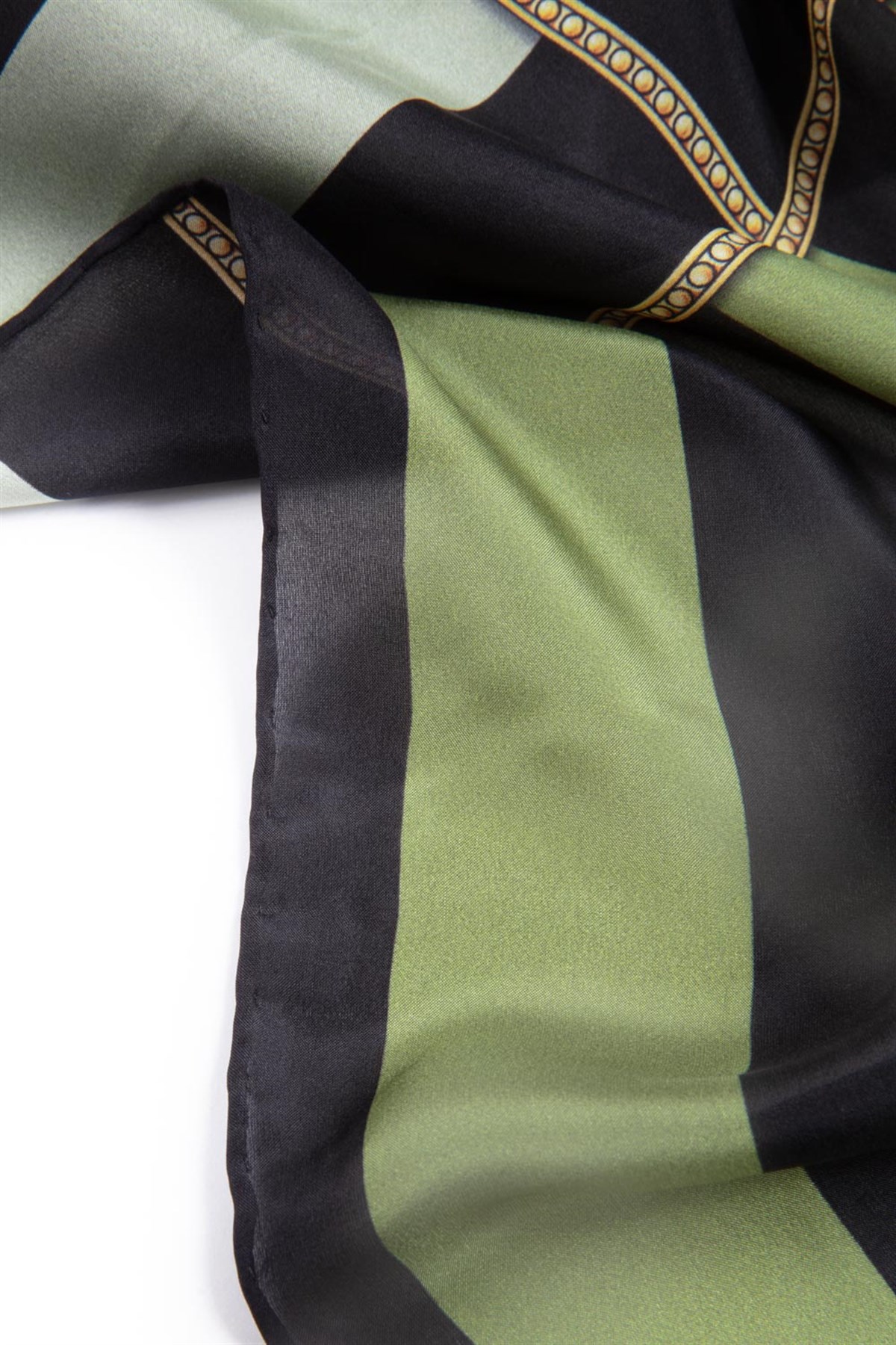 %100 İpek Şerit Ve Varak Desenli Haki - Siyah Renkli 92x210 Şal