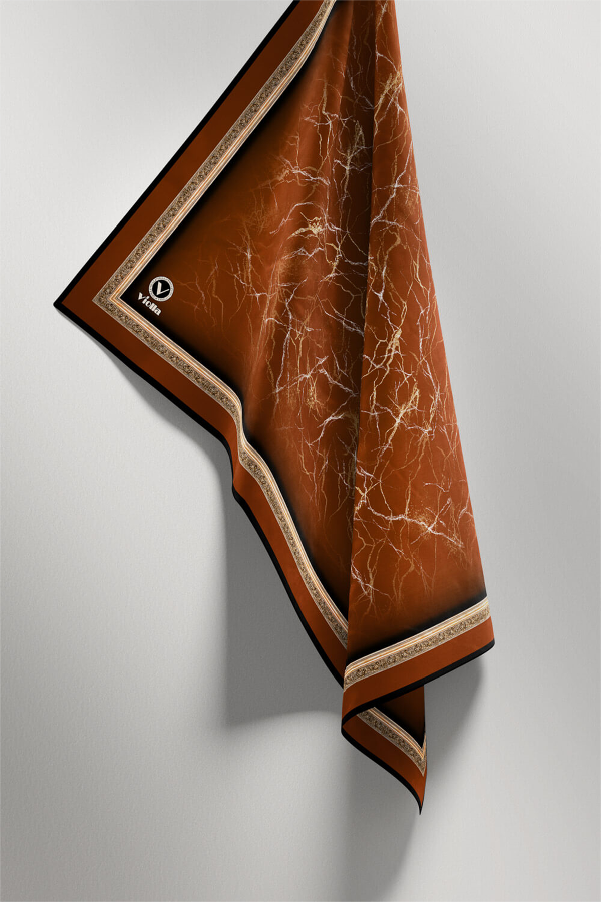 Twill Barok Çerçeveli Mermer Desenli Taba Renkli 90x90 Eşarp (İpek İçermez) Kenar Dikiş Şekli El Dikişli