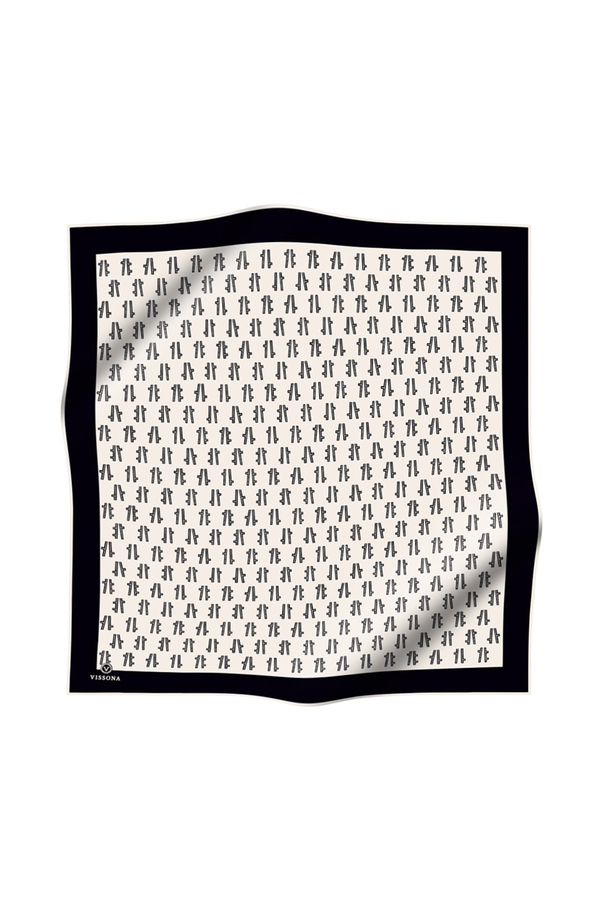 %100 Twill İpek Geometrik Desenli Krem - Siyah Renkli 90x90 Eşarp Dikim Şekli : El Dikişi
