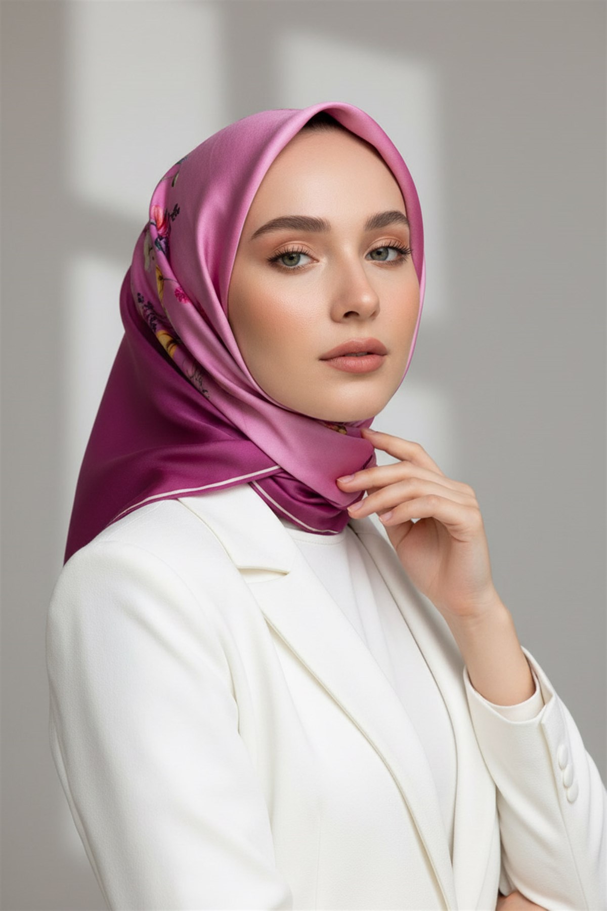 %100 Twill İpek Sonsuz Çiçek Desenli Pembe Renkli 90x90 Eşarp Dikim Şekli : El Dikişi