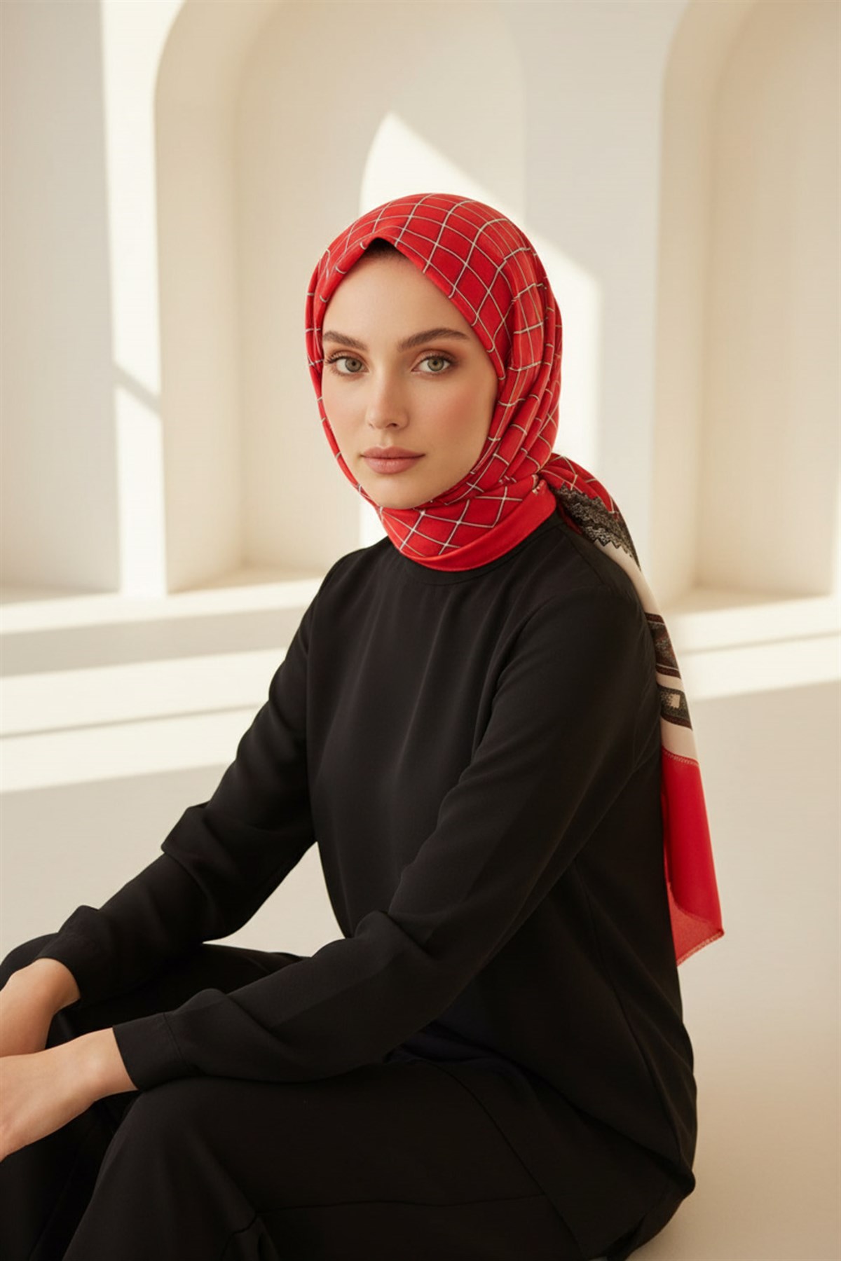 %100 Saf İpek Şal İnce Saten Vual Dokuma Etnik Desenli Kırmızı - Krem Renkli 90x210 Şal