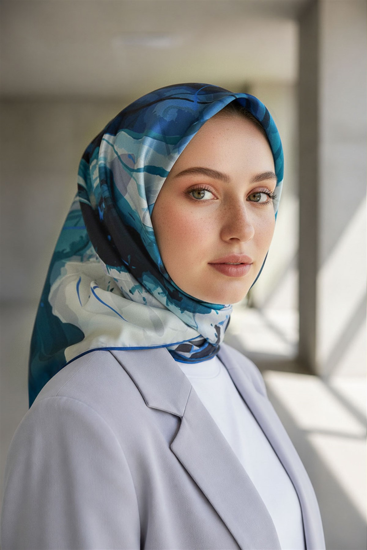 %100 Twill İpek Çiçekli Sulu Boya Dalga Desenli Gri - İndigo Renkli 90x90 Eşarp Dikim Şekli : El Dikişi