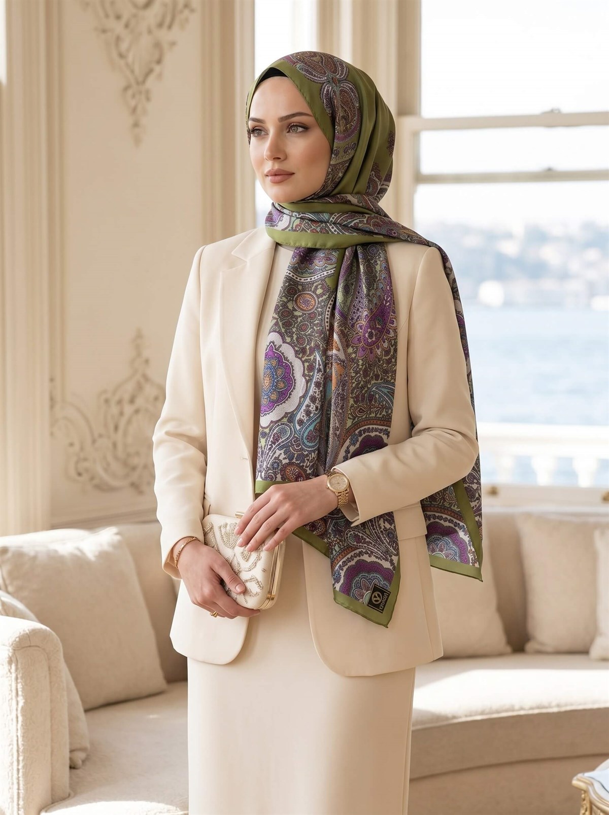 100% İpek Etro Desenli Haki Renkli 92x210 Şal