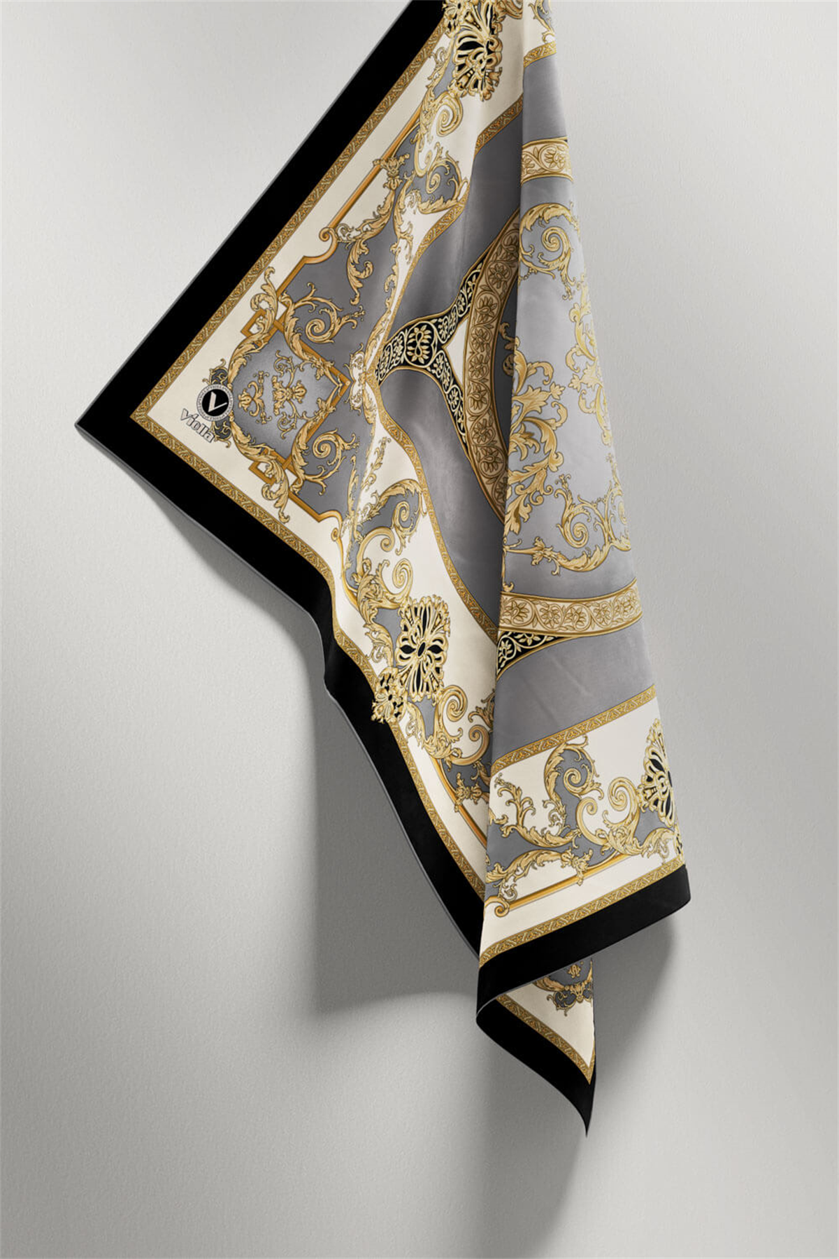 Twill Barok Desenli Gri Renkli 90x90 Eşarp (İpek İçermez) Kenar Dikiş Şekli El Dikişli